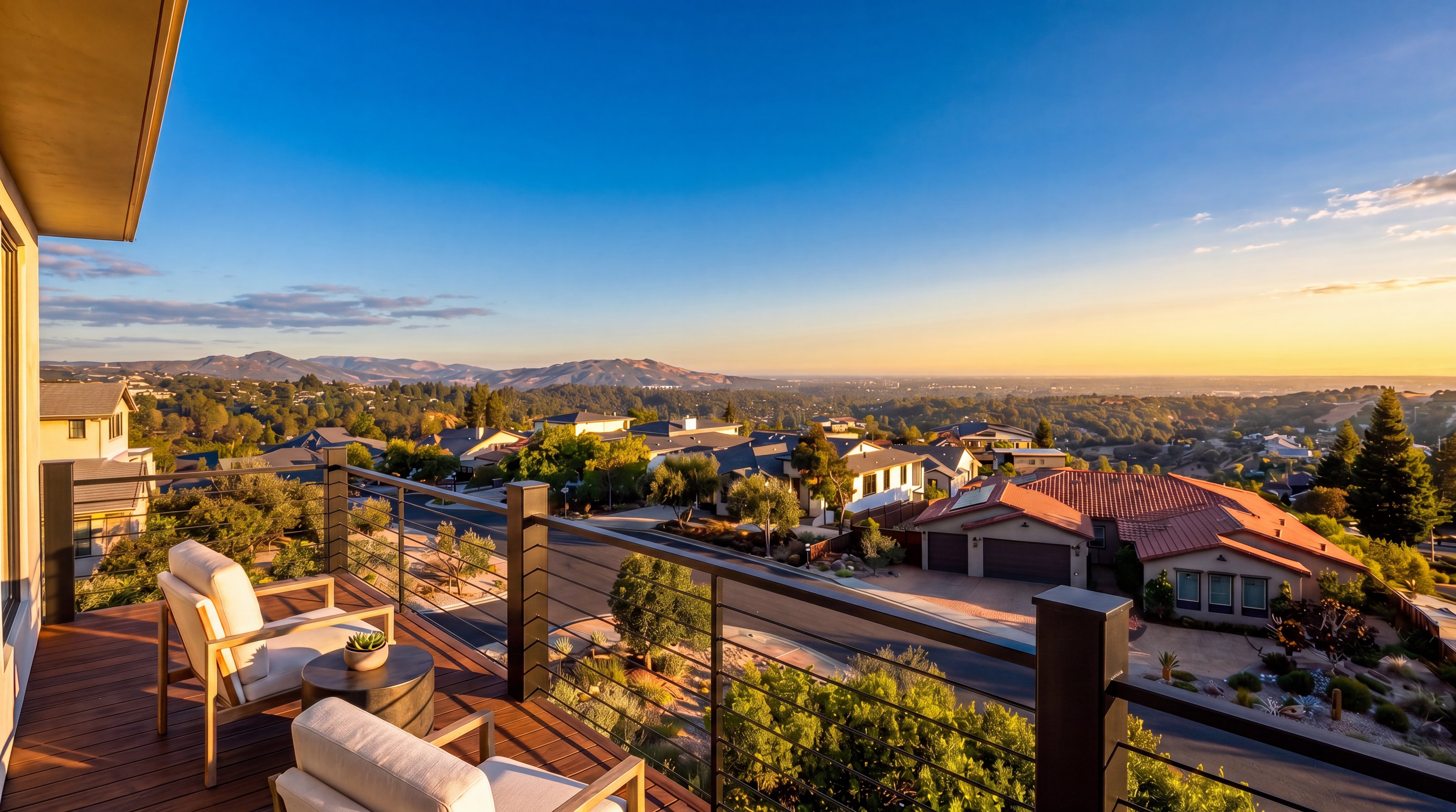 This image shows a high-vantage viewpoint from a deck under construction, characterized by temporary scaffolding and wooden framing supports. From this elevated position, there is a clear, sweeping panoramic view of a residential suburban neighborhood nestled among rolling hills under a bright, cloudless blue sky. The scene captures an expansive perspective of nearby homes with tiled roofs, winding streets, and natural landscape in the distance, emphasizing the pleasant neighborhood setting.