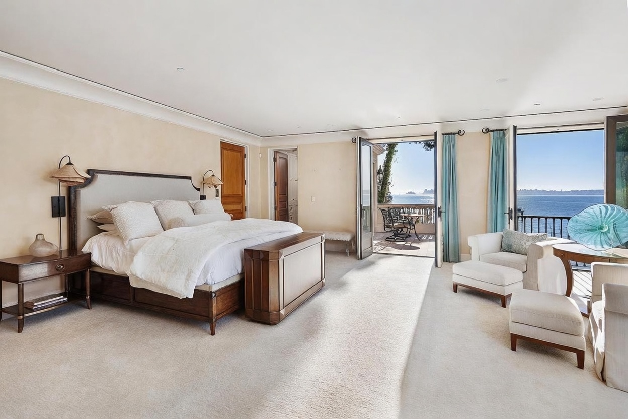 This spacious primary bedroom features a neutral color palette, plush carpeting, and a large bed centered against a wall with wall-mounted lamps. The room opens directly onto a private balcony through large glass doors, offering expansive views of the water and distant city skyline. A seating area with two armchairs and a decorative glass sculpture sits near the window, creating a serene and luxurious atmosphere.