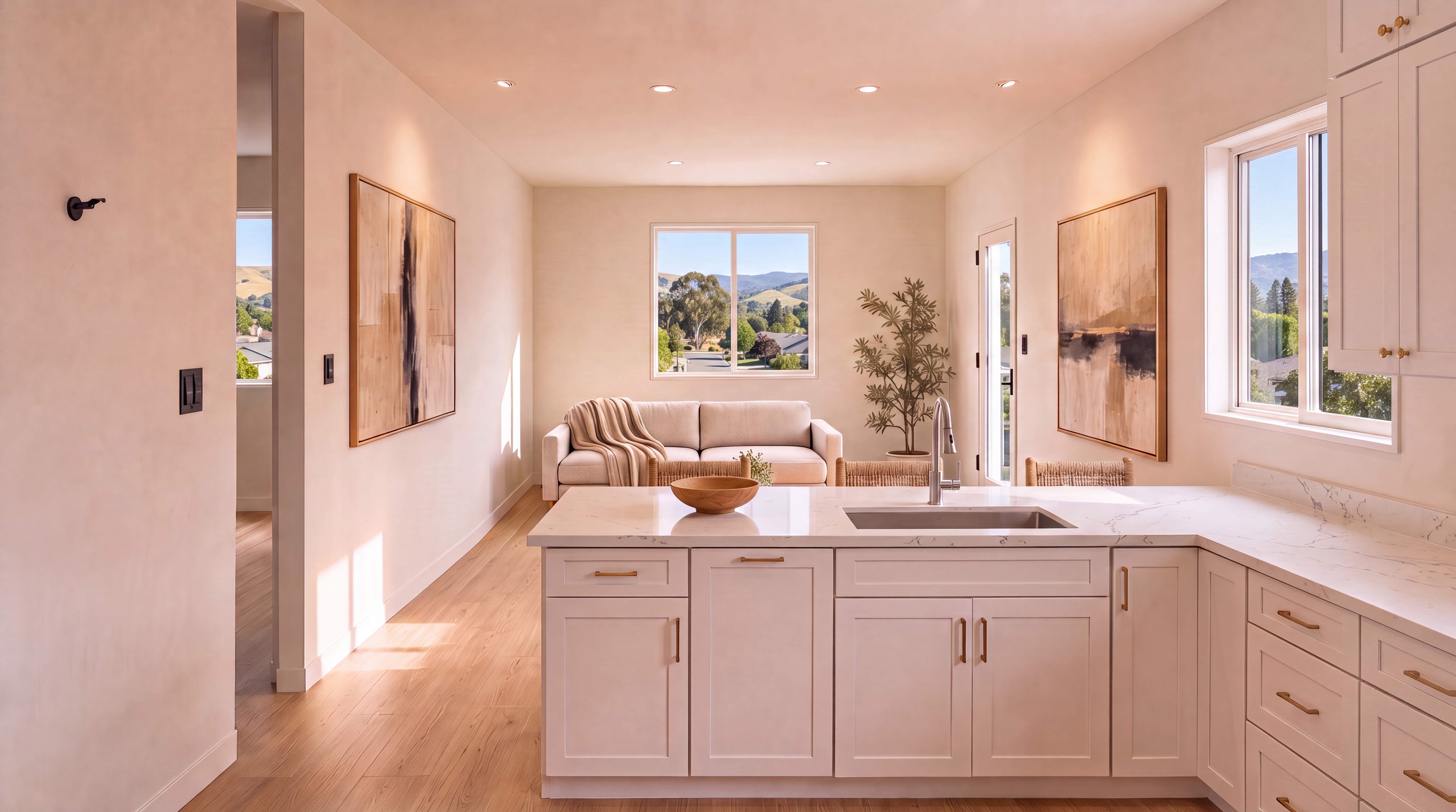 This bright, contemporary open-concept space features a clean kitchen with white shaker-style cabinetry, quartz countertops, and a modern farmhouse sink. The island seamlessly transitions into an inviting living area beyond, creating an airy and cohesive floor plan. The light hardwood floors and neutral color palette, enhanced by soft natural light from large windows, provide a warm and welcoming atmosphere.