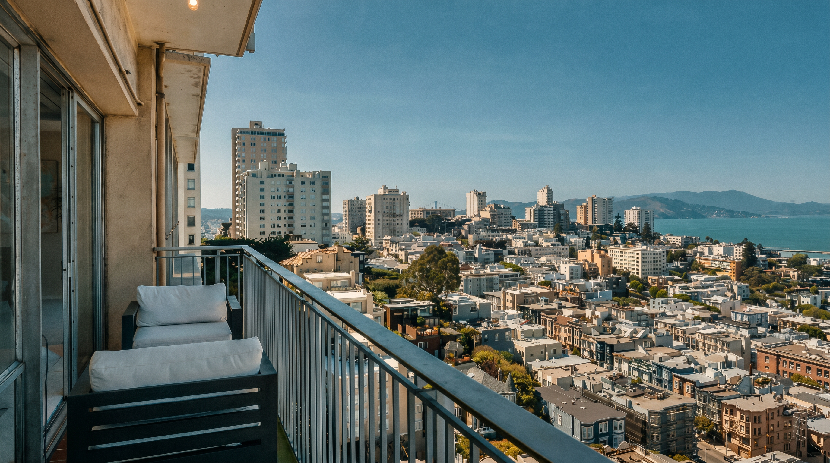 This high-rise balcony offers a sweeping, panoramic view of a dense urban cityscape leading out to the bay and distant mountains. The space is furnished with two modern, dark-framed lounge chairs featuring plush white cushions, providing a comfortable spot to enjoy the scenery. The perspective is elevated, capturing the architectural density of the city below under a clear, bright blue sky.