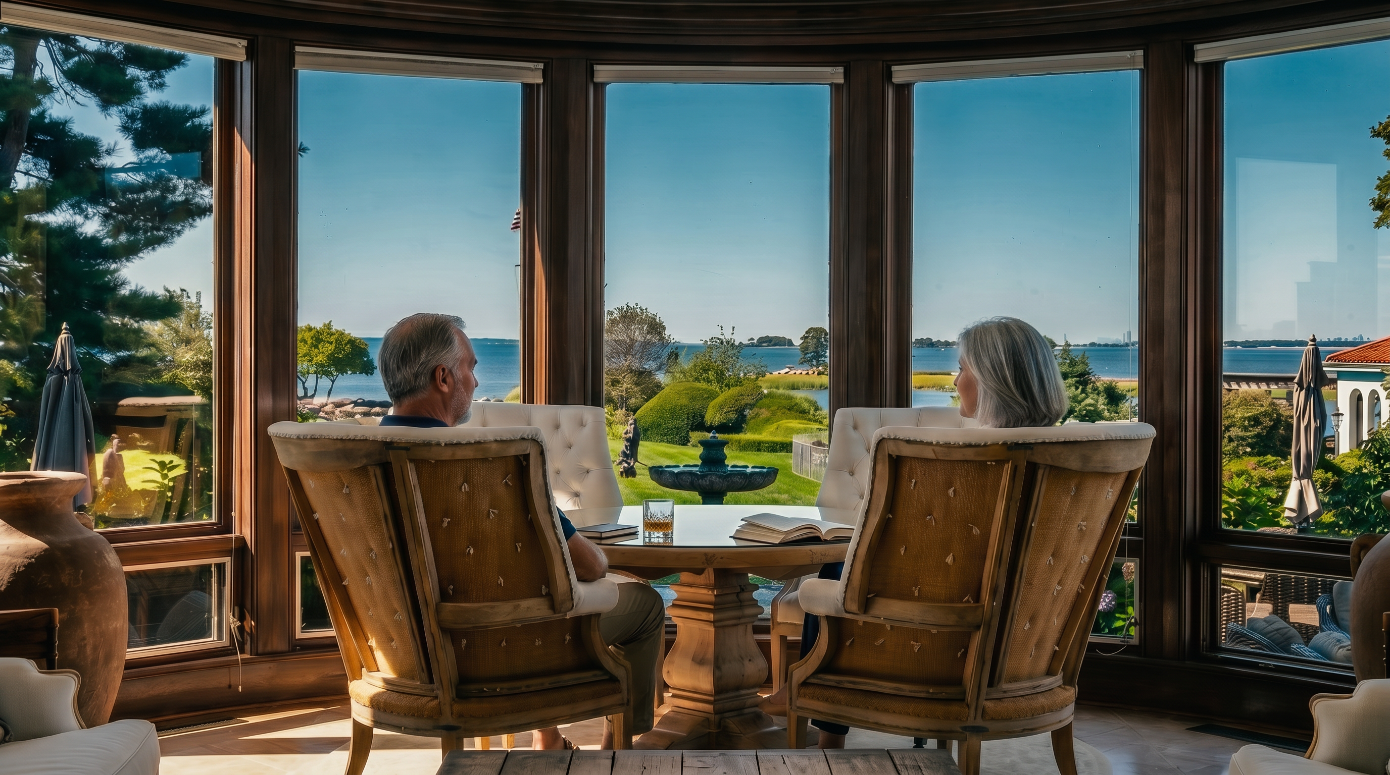 This elegant sunroom features a curved wall of large windows that frame a panoramic view of the ocean and a manicured garden with a central fountain. The space is furnished with two upholstered chairs facing the water, centered around a light wood table. The warm wood trim around the windows and the light-toned flooring create a bright, serene atmosphere perfect for enjoying the coastal scenery.