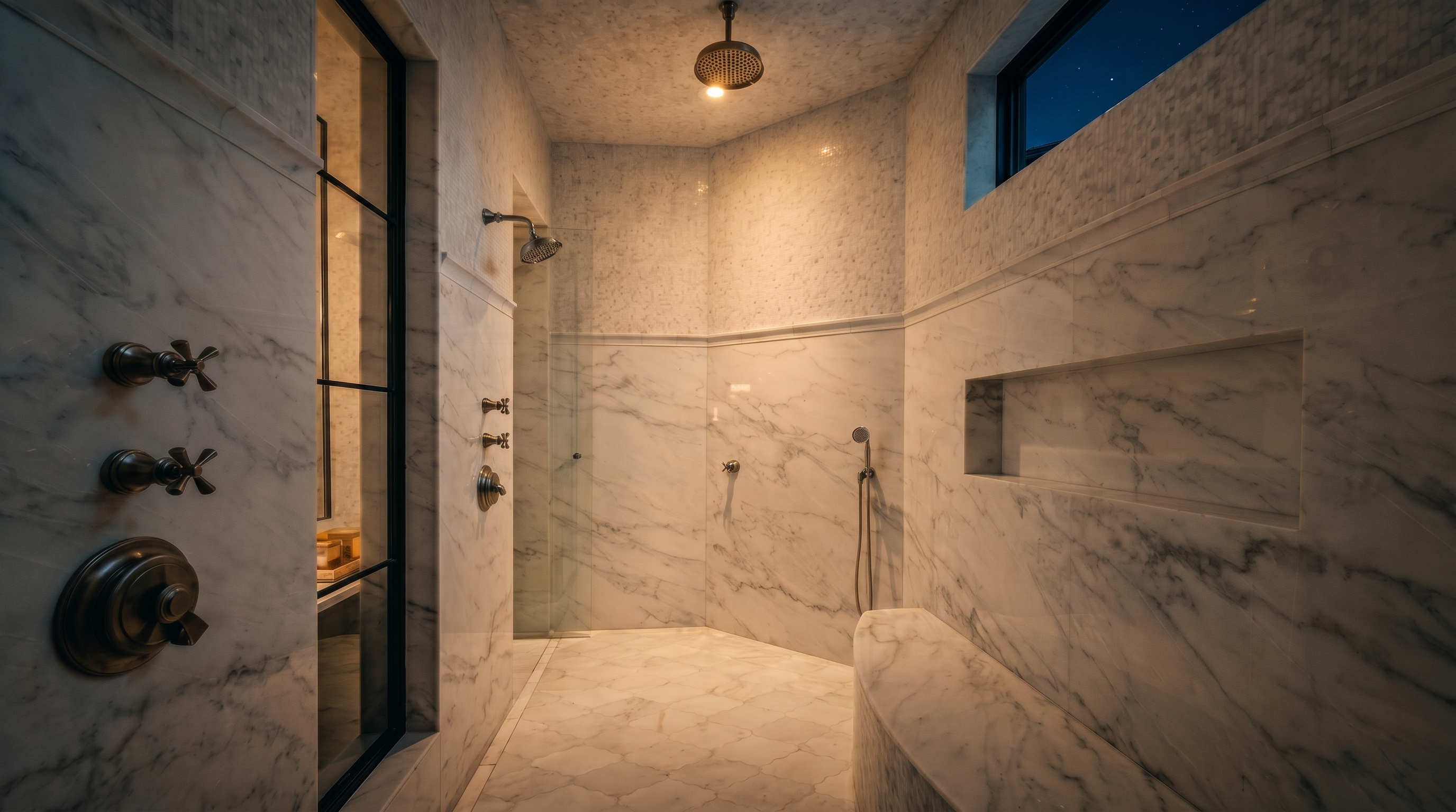 This spacious walk-in shower features light-toned stone wall cladding with prominent veining and a matching stone floor. The area includes a built-in stone bench, a recessed wall niche for storage, and a combination of a rainfall showerhead and a handheld sprayer. A black-framed glass partition separates the shower from the rest of the room, while a high window allows natural light to brighten the space.