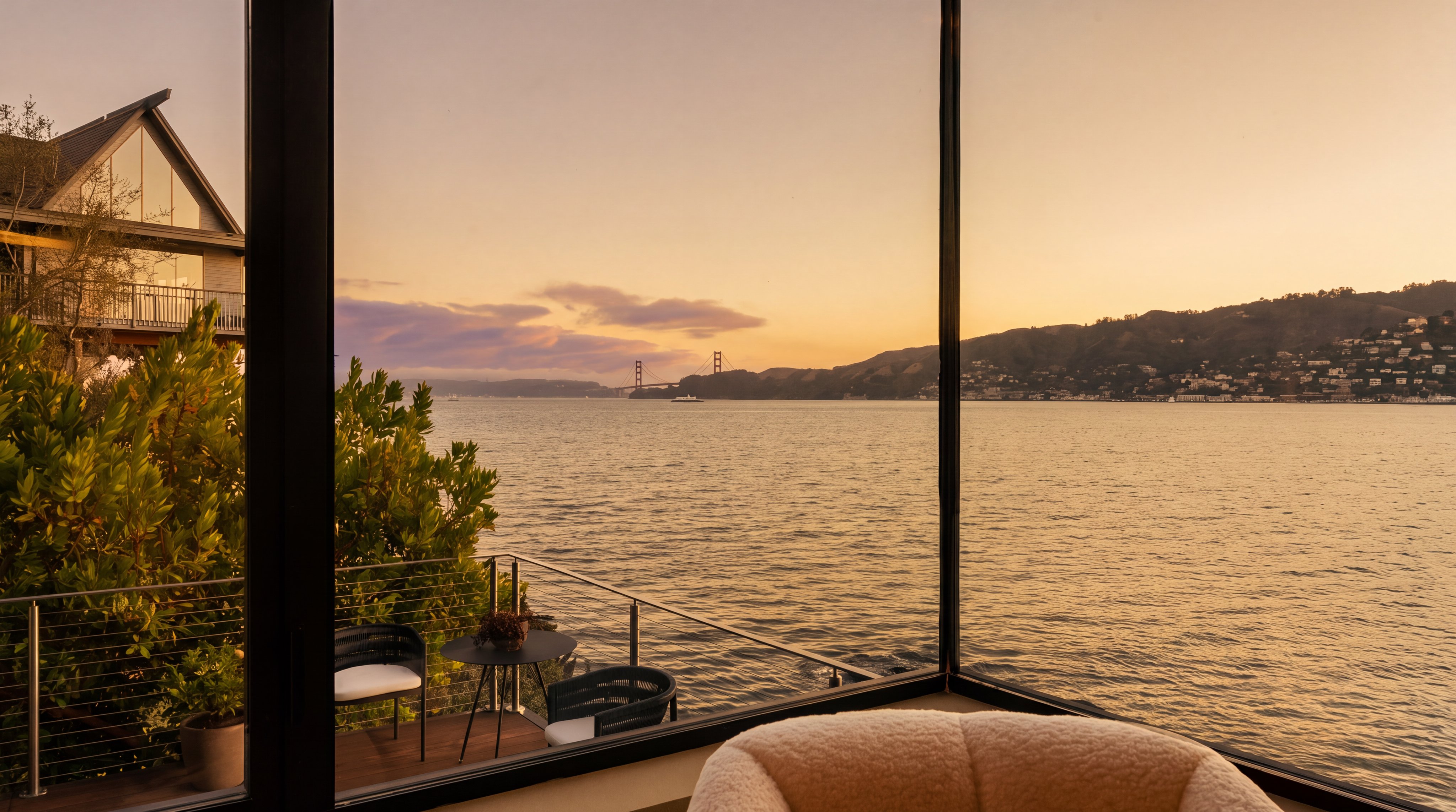 This interior view captures a serene living space framed by expansive floor-to-ceiling windows that offer a breathtaking, unobstructed view of the bay and the Golden Gate Bridge. A small, private deck is visible just outside, furnished with two chairs and a bistro table, creating a seamless transition between indoor comfort and the natural landscape. The perspective is cinematic, emphasizing the dramatic connection between the home's interior and the iconic waterfront scenery.