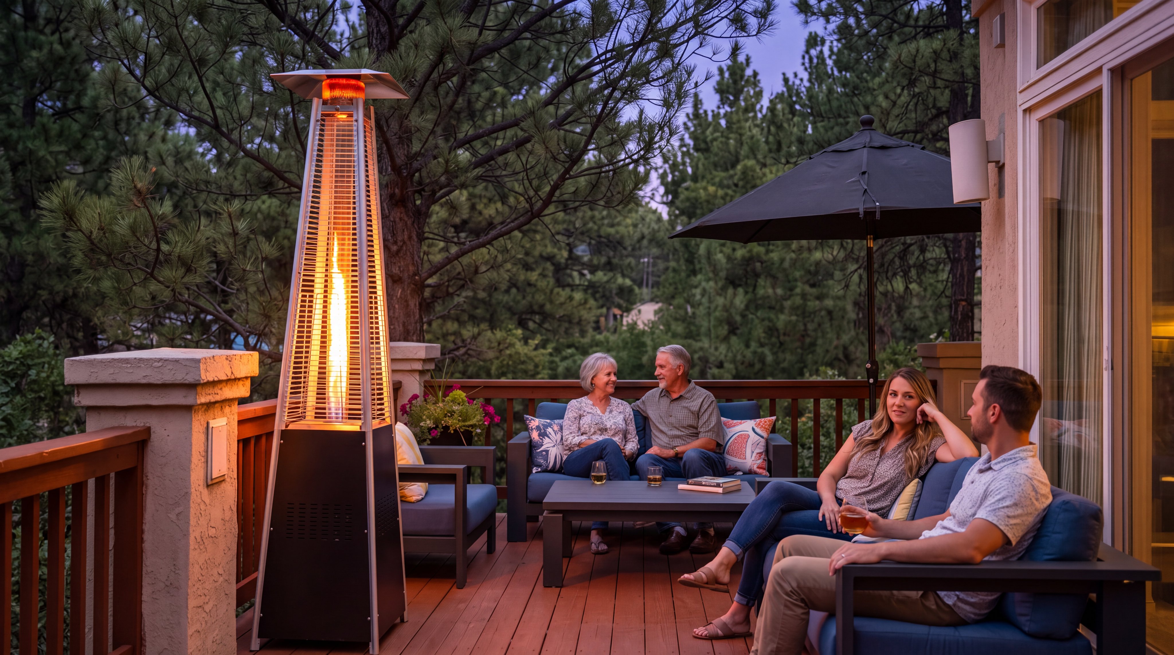 A spacious and inviting outdoor deck features comfortable seating, including a sofa and armchairs, perfect for entertaining. The area is illuminated by a striking vertical patio heater and cozy ambient light, creating a relaxed evening atmosphere. Surrounded by lush greenery, this deck provides a private, scenic space ideal for socializing and enjoying the outdoors.