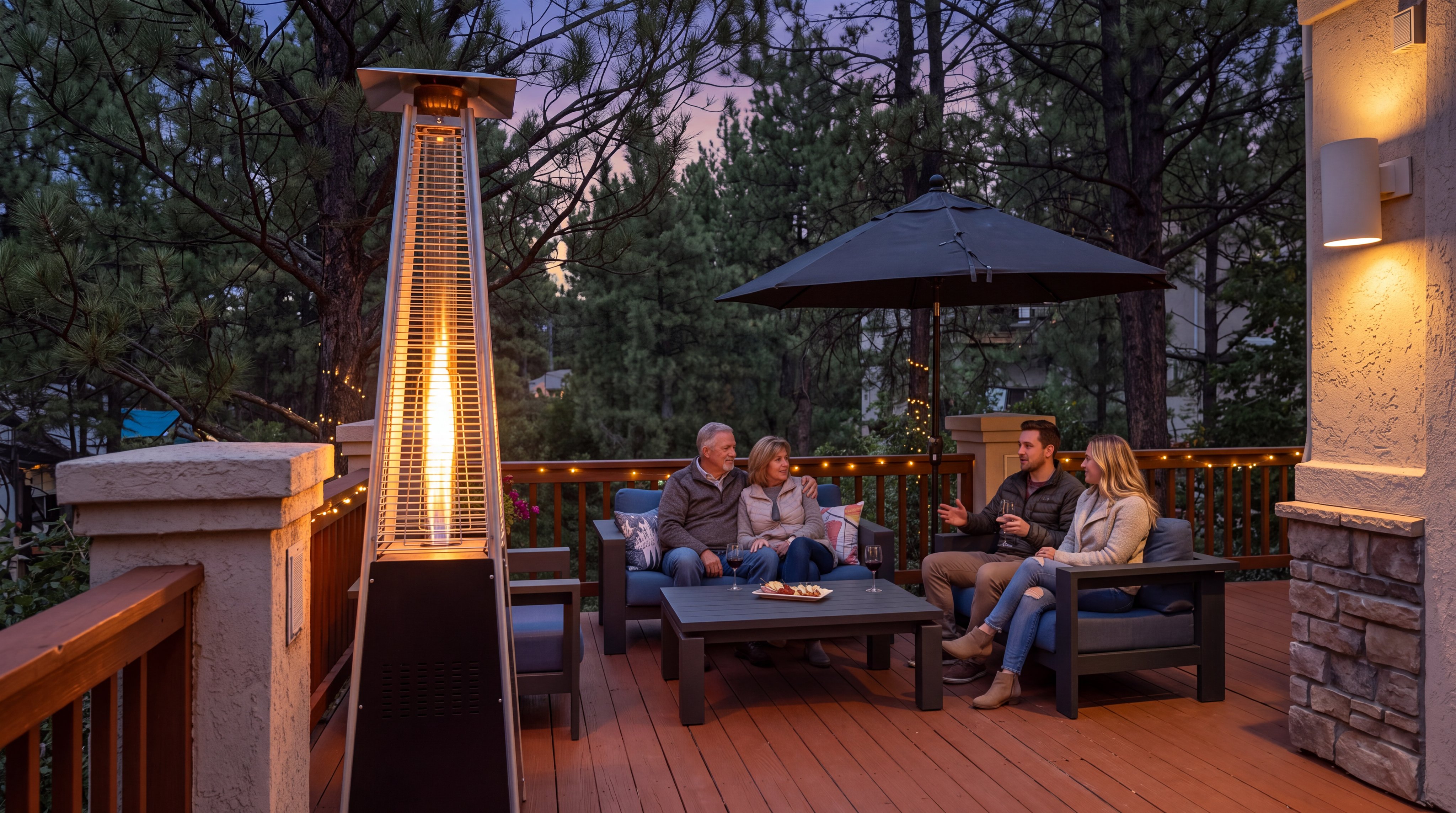 This inviting outdoor deck offers a cozy and upscale setting for socializing, complete with comfortable lounge seating and a modern pyramid-style patio heater. The space features elegant stone-accented pillars, ambient string lighting, and a beautiful forest backdrop, creating a perfect environment for evening relaxation and entertaining. The warm, well-lit atmosphere enhances the deck's appeal as a primary feature of the home's outdoor living space.