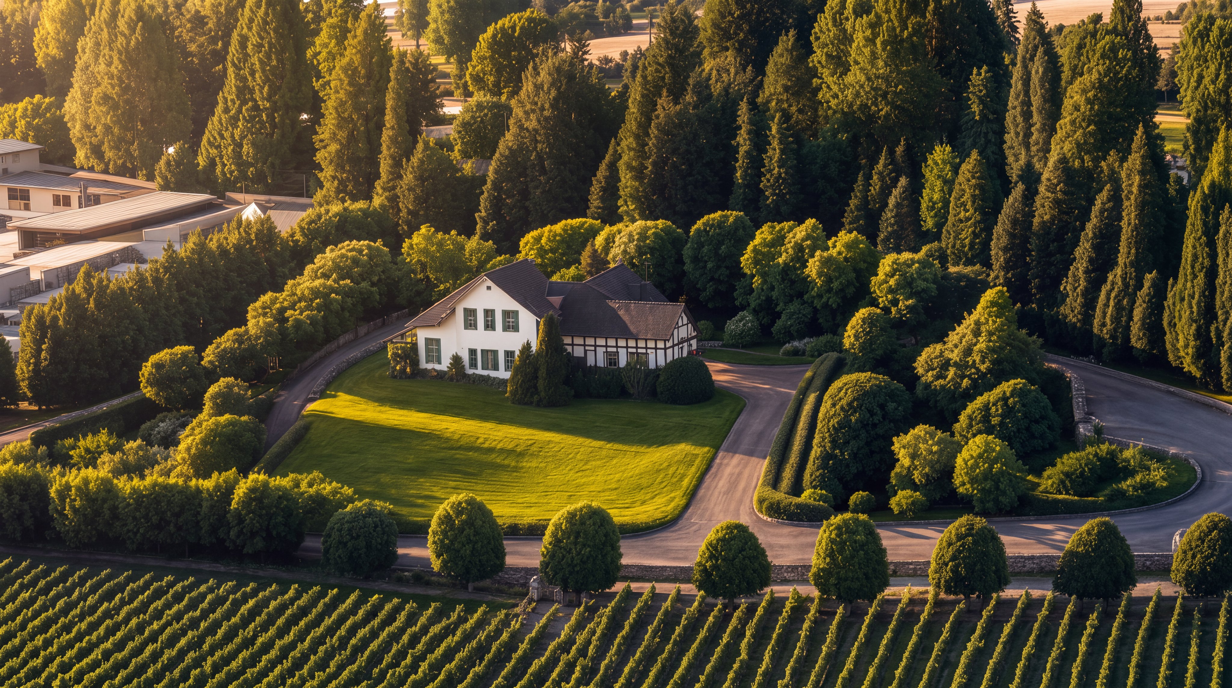 This elevated aerial view features a charming, white-sided house nestled within a lush, verdant landscape. The property is framed by a manicured driveway and extensive rows of trees, creating a secluded and peaceful setting. The surrounding area includes cultivated agricultural fields, emphasizing a private, countryside estate feel.