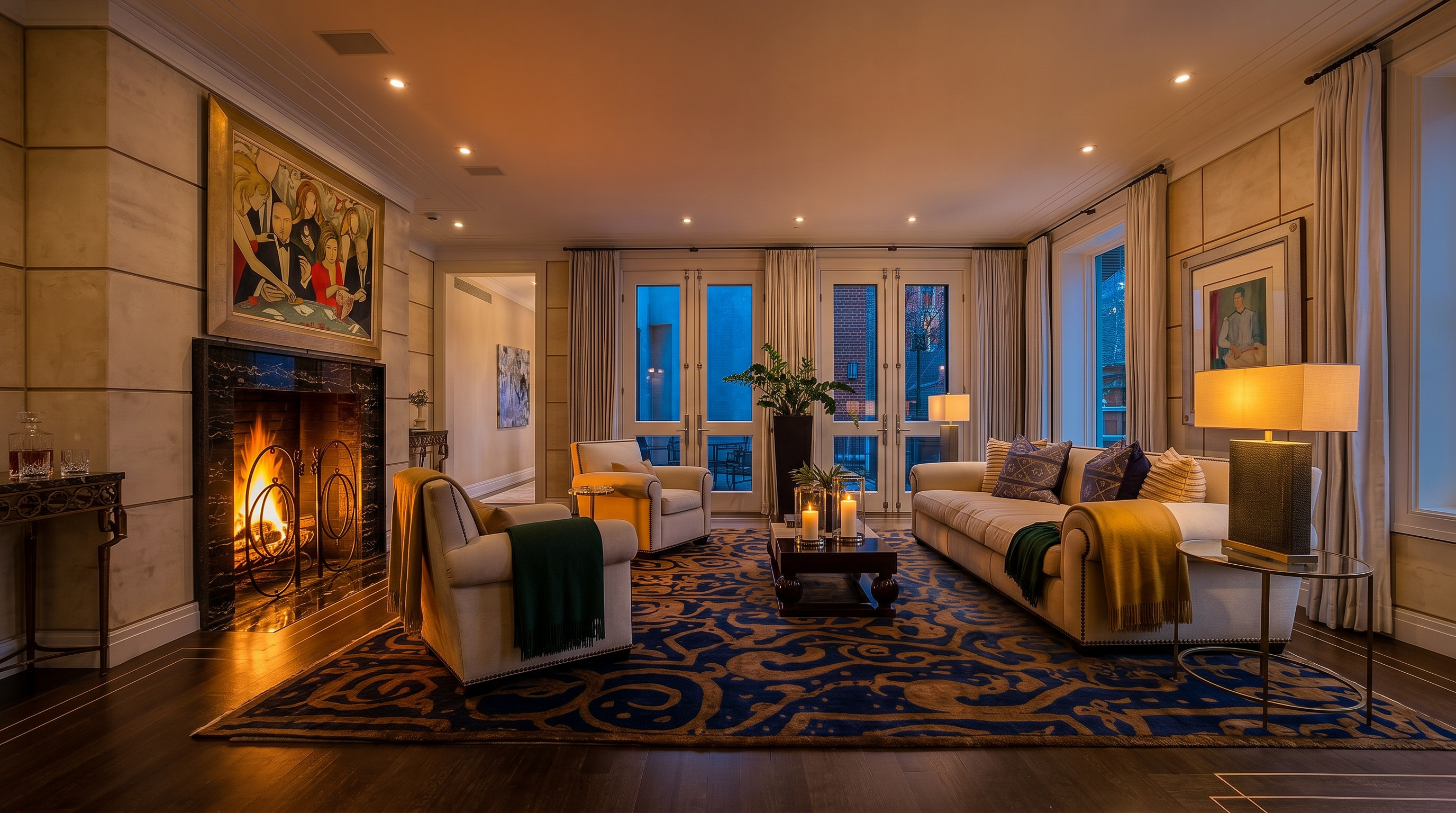 This elegant living room features dark hardwood floors with decorative inlay borders and a large, bold blue and gold patterned area rug. A prominent fireplace with a dark stone surround serves as a focal point, topped by a large framed painting, while a plush cream-colored sofa and matching armchair provide comfortable seating. The space is brightened by tall glass doors that open to an outdoor area, framed by floor-to-ceiling drapery that enhances the room's sophisticated and airy atmosphere.