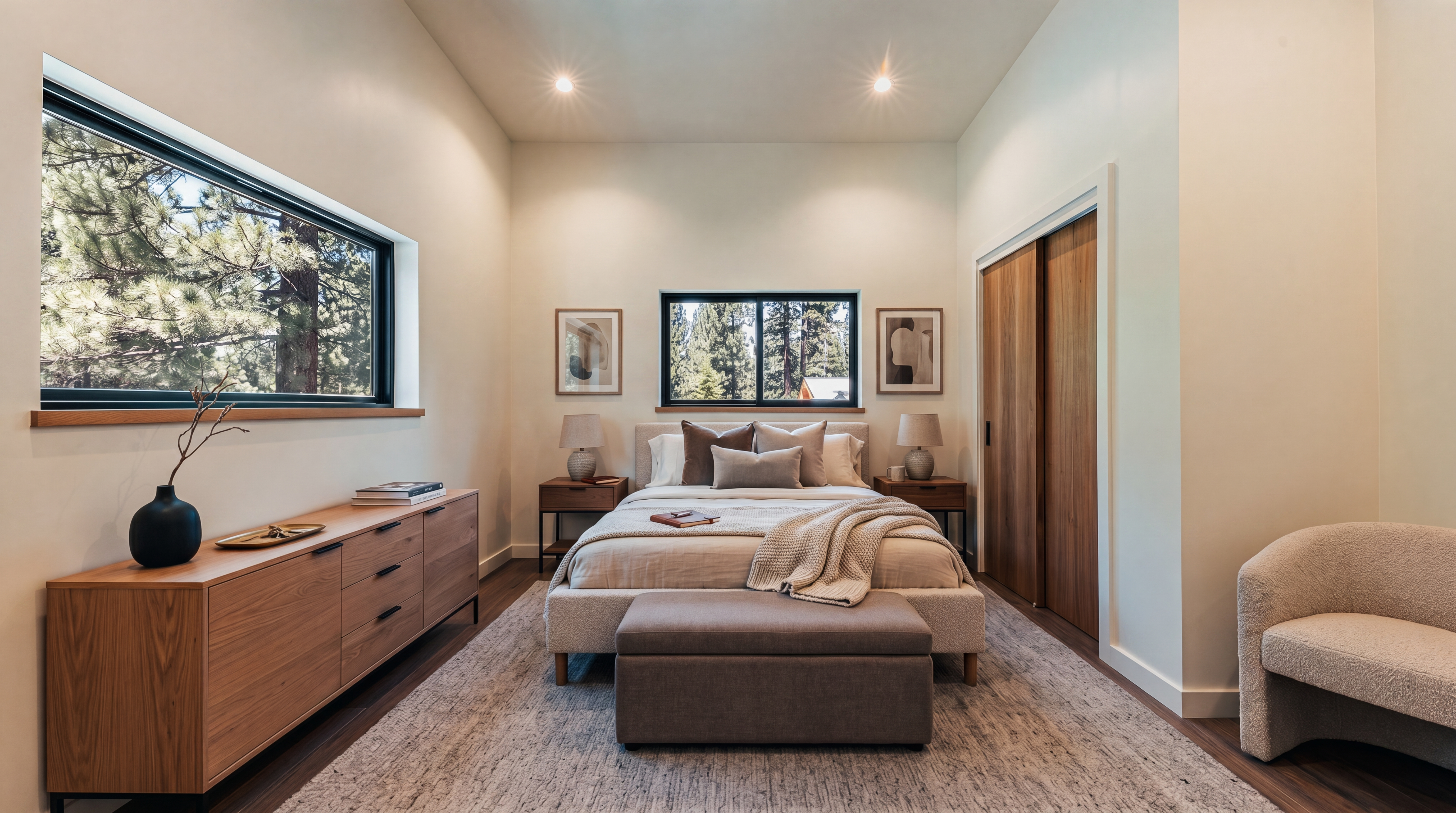 This bright, minimalist bedroom features light-toned walls and warm-toned wood-look flooring. The room is illuminated by recessed ceiling lights and natural light streaming through two windows that offer views of the surrounding trees. A set of sliding wooden doors on the right provides access to a closet, creating a clean and functional living space.