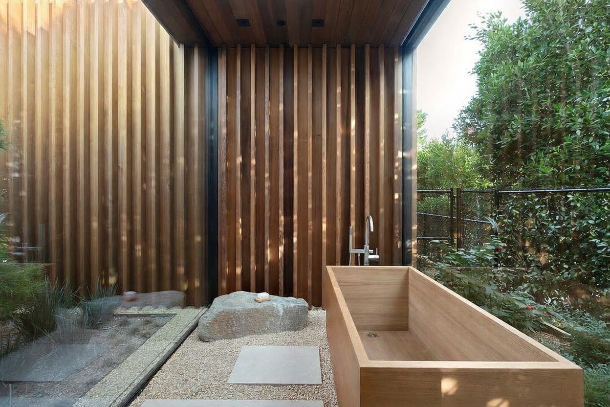 This luxurious, spa-inspired bathroom features a minimalist wooden soaking tub set against a backdrop of vertical wood slat walls. The space seamlessly blends indoor and outdoor elements with a gravel floor, a large natural stone accent, and a view of lush greenery through a glass wall. The design evokes a serene, Zen-like atmosphere perfect for a high-end retreat.