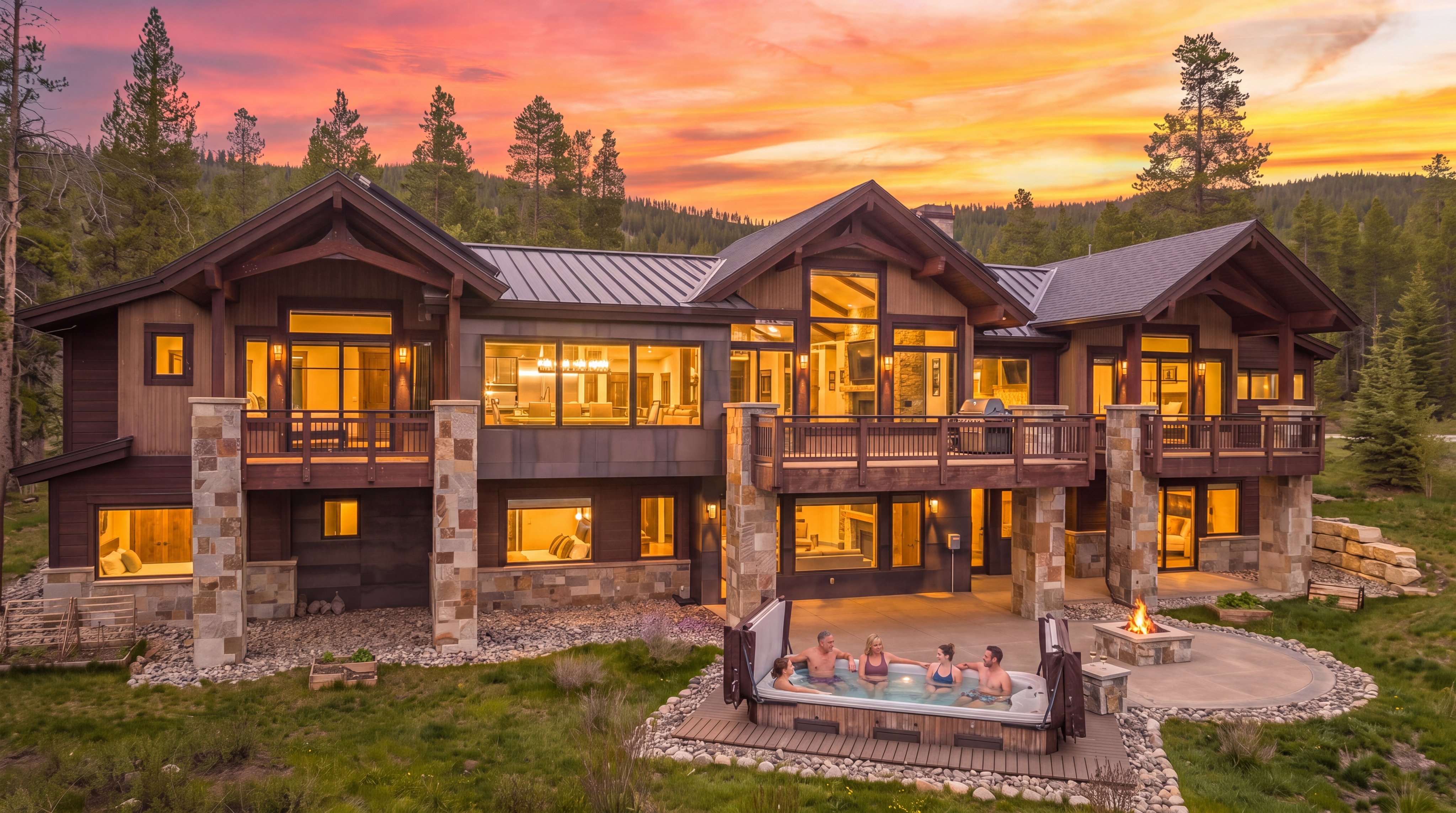 This expansive mountain-style residence is captured from a rear perspective during a vibrant sunset, showcasing a multi-level design with a blend of wood siding and stone accents. The home features multiple balconies, large windows that reflect the warm evening light, and a lower-level patio equipped with a hot tub and a fire pit. The property is nestled against a dense forest backdrop, emphasizing a luxurious, secluded retreat atmosphere.