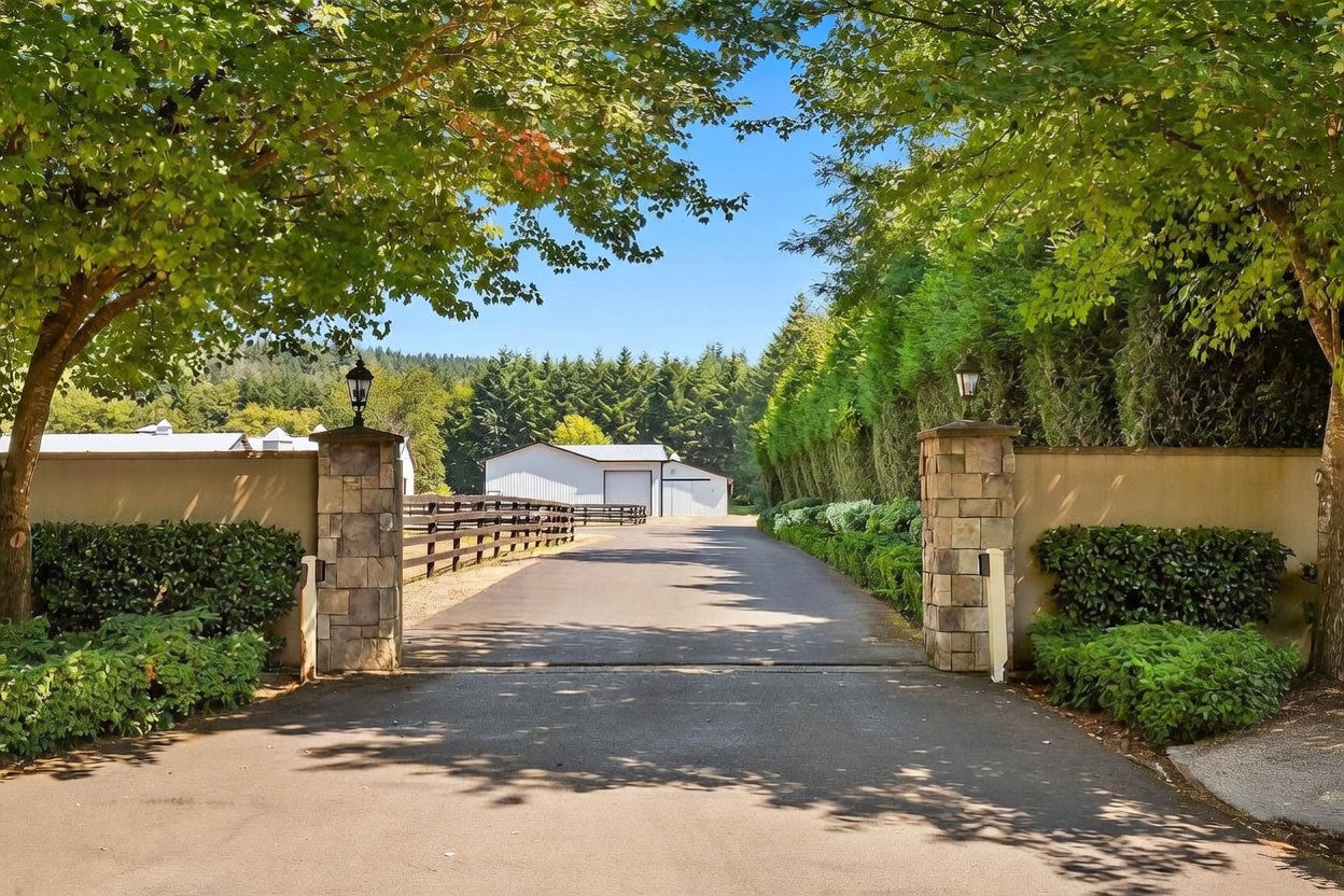 This image captures the grand gated entrance to a property, featuring stone-clad pillars topped with lanterns and flanked by smooth, light-colored walls. A paved driveway leads through the open gate toward a white barn-style structure in the distance, framed by lush green trees and manicured hedges. The perspective is centered and inviting, emphasizing the privacy and expansive nature of the estate.