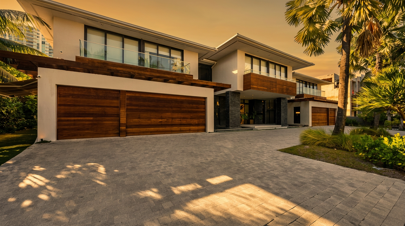 This modern luxury residence features a striking architectural design with a combination of white stucco, warm wood paneling, and dark stone accents. The front facade includes a spacious paved driveway leading to multiple garage bays, with large glass windows and balconies on the upper level. A tall palm tree stands to the right, framing the home against a clear blue sky and creating a sophisticated, tropical aesthetic.
