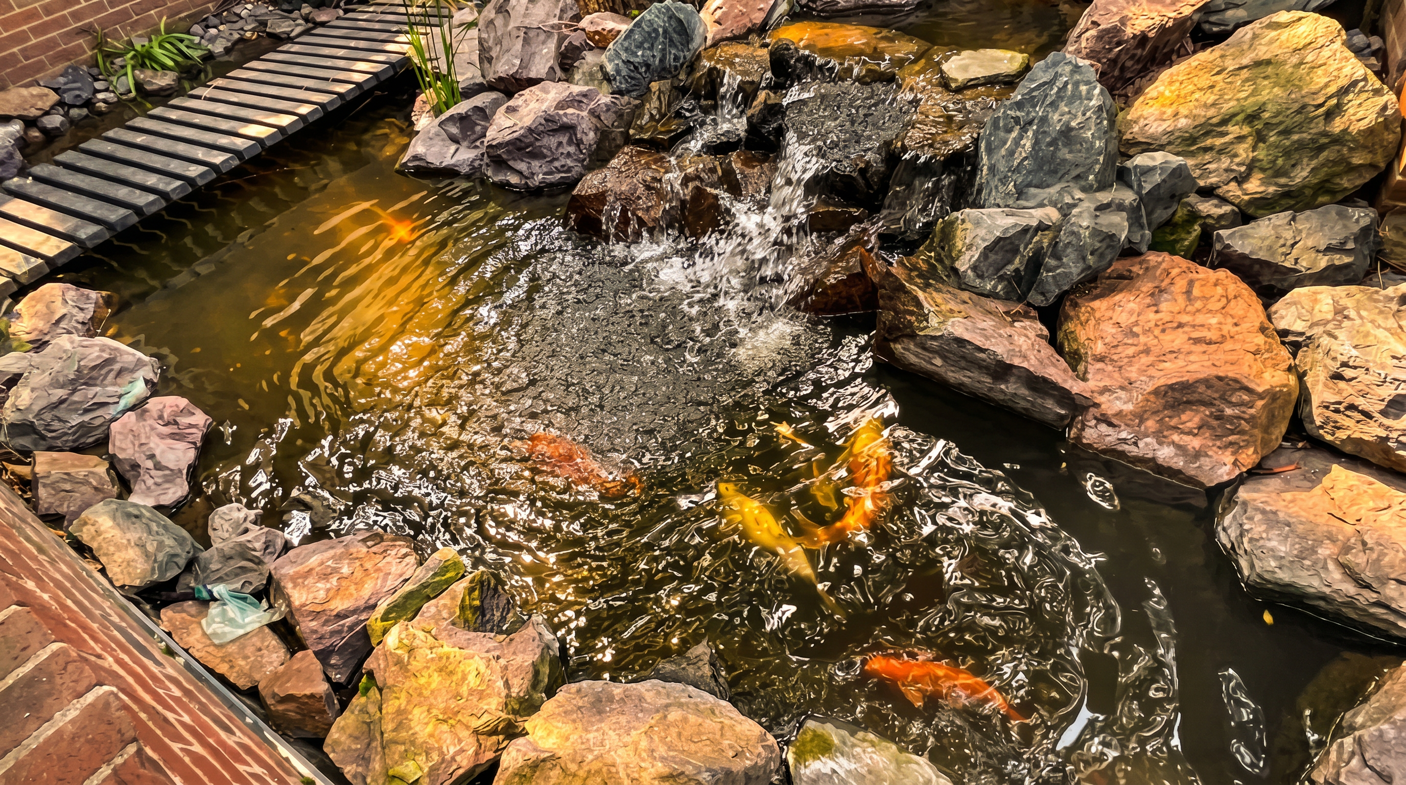 This high-angle shot captures a tranquil koi pond integrated into a landscaped garden setting. The pond features a small, cascading waterfall flowing over natural stone, with several colorful koi fish swimming in the water. A wooden boardwalk bridge spans the edge of the pond, bordered by lush greenery and textured rock formations, creating a serene and inviting outdoor retreat.