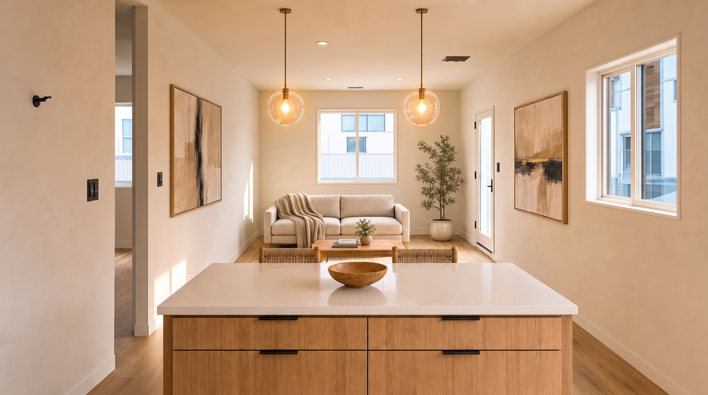 This interior view showcases a seamless open-concept space featuring a modern kitchen island with a wood-toned finish and a white countertop. The kitchen overlooks a bright, neutrally toned living area, creating a cohesive and airy atmosphere perfect for effortless entertaining. The design incorporates contemporary pendant lighting, minimalist decor, and two large framed artworks that enhance the sophisticated, warm aesthetic of the home.