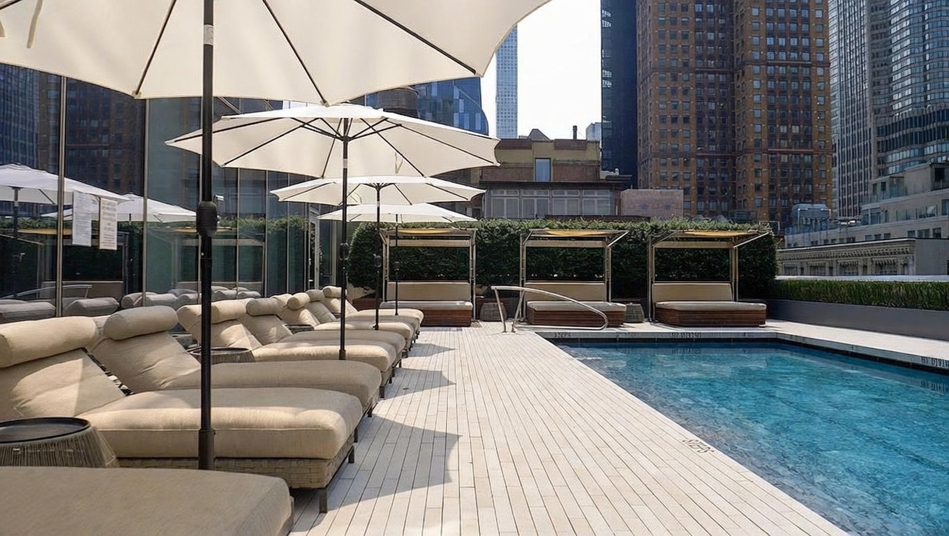 This sophisticated rooftop pool deck offers a luxurious urban retreat with a clear view of the surrounding city skyline. The space features a series of lounge chairs shaded by white umbrellas, alongside several cabana-style daybeds positioned along a manicured hedge. The light-toned decking and sparkling blue water create a serene, high-end atmosphere perfect for relaxation in a metropolitan setting.