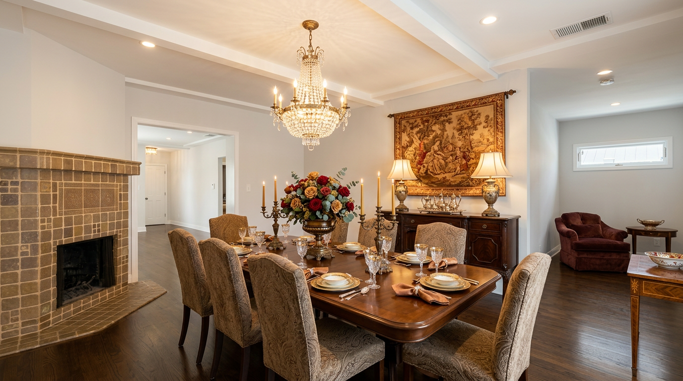This elegant dining room features a warm, inviting atmosphere centered around a mahogany wooden table with upholstered chairs. Highlights include a dramatic crystal chandelier, a stone-tiled fireplace, and a large decorative wall tapestry above a matching credenza. The space is highlighted by rich hardwood flooring and classic traditional decor, making it ideal for formal entertaining.