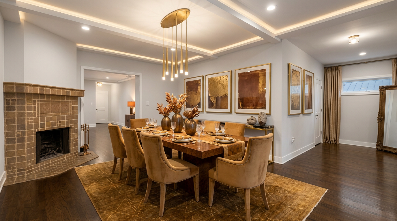This elegant dining room features a warm color palette with gold and brown accents, highlighted by a modern, multi-pendant chandelier above a solid wood dining table. The space is anchored by a matching rectangular rug and a tiled fireplace, creating a sophisticated and inviting atmosphere. Featuring gold-framed abstract art and plush upholstered seating, the room offers a refined blend of luxury and comfort.