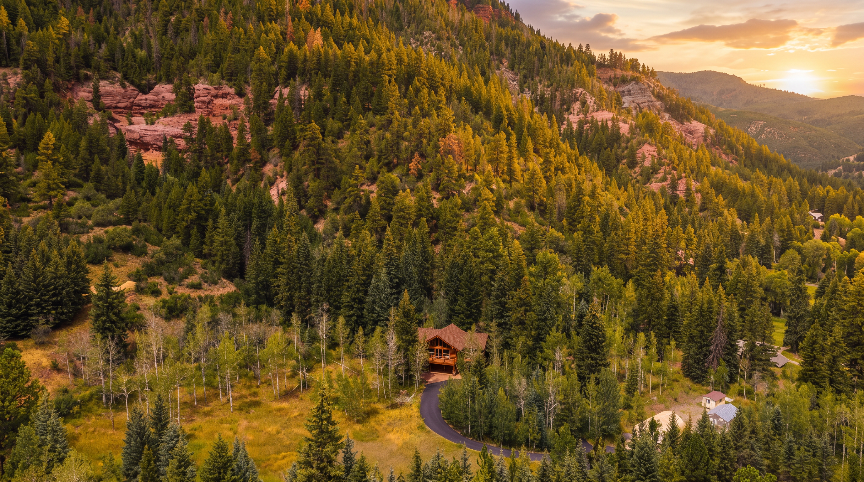 This high-angle aerial shot captures a secluded mountain home nestled within a dense forest of evergreen and aspen trees. The property features a winding paved driveway leading to a multi-level wooden residence, set against a dramatic backdrop of rugged, red-rock cliffs and expansive mountain slopes. The scene conveys a sense of privacy and immersion in nature, highlighting the home's integration into the mountainous landscape.