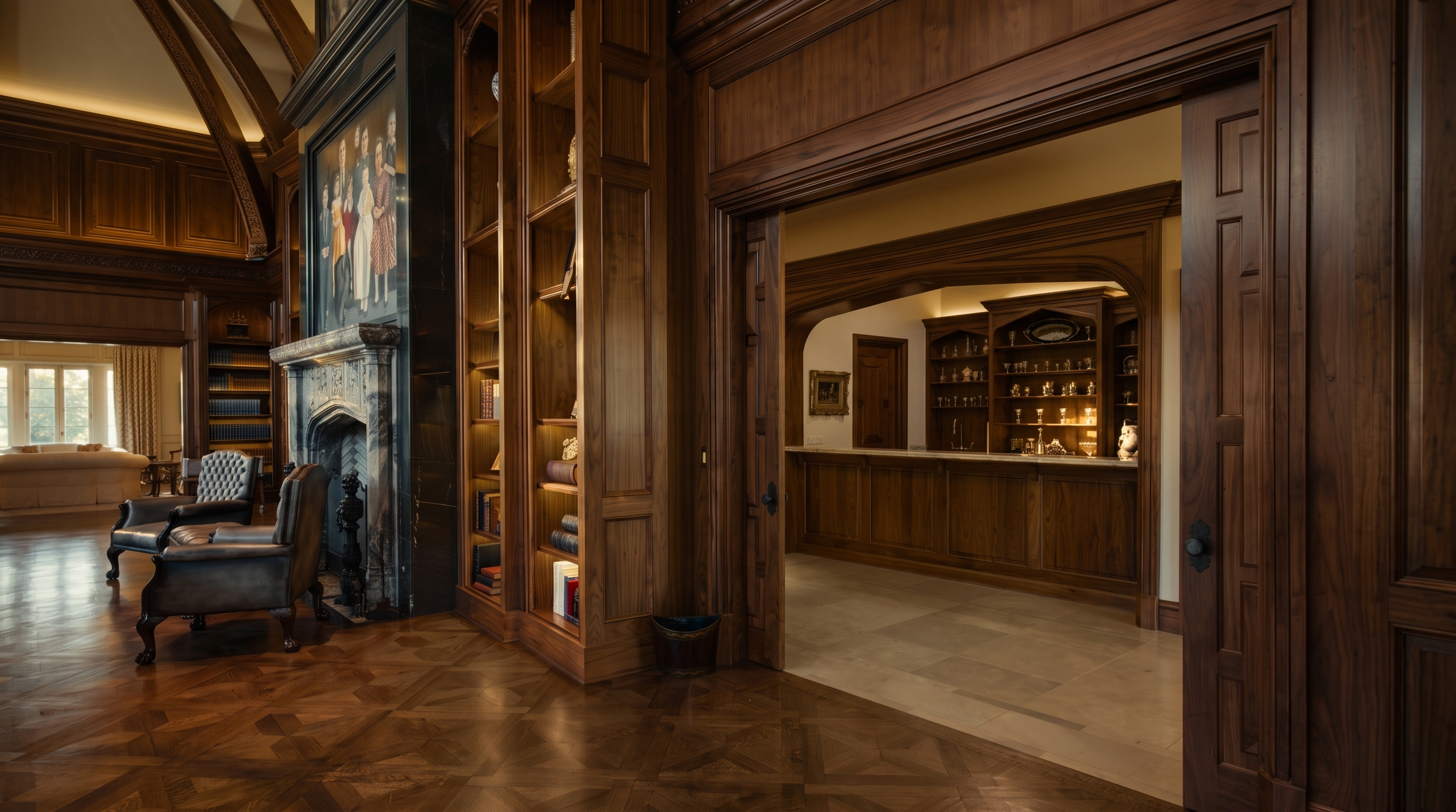 This sophisticated study features rich wood paneling, intricate parquet flooring, and a grand stone fireplace surround topped with a large portrait. A wide doorway leads into an adjacent bar area, which is equipped with custom cabinetry and a stone countertop. The room exudes a classic, library-like atmosphere with built-in shelving and comfortable leather seating.