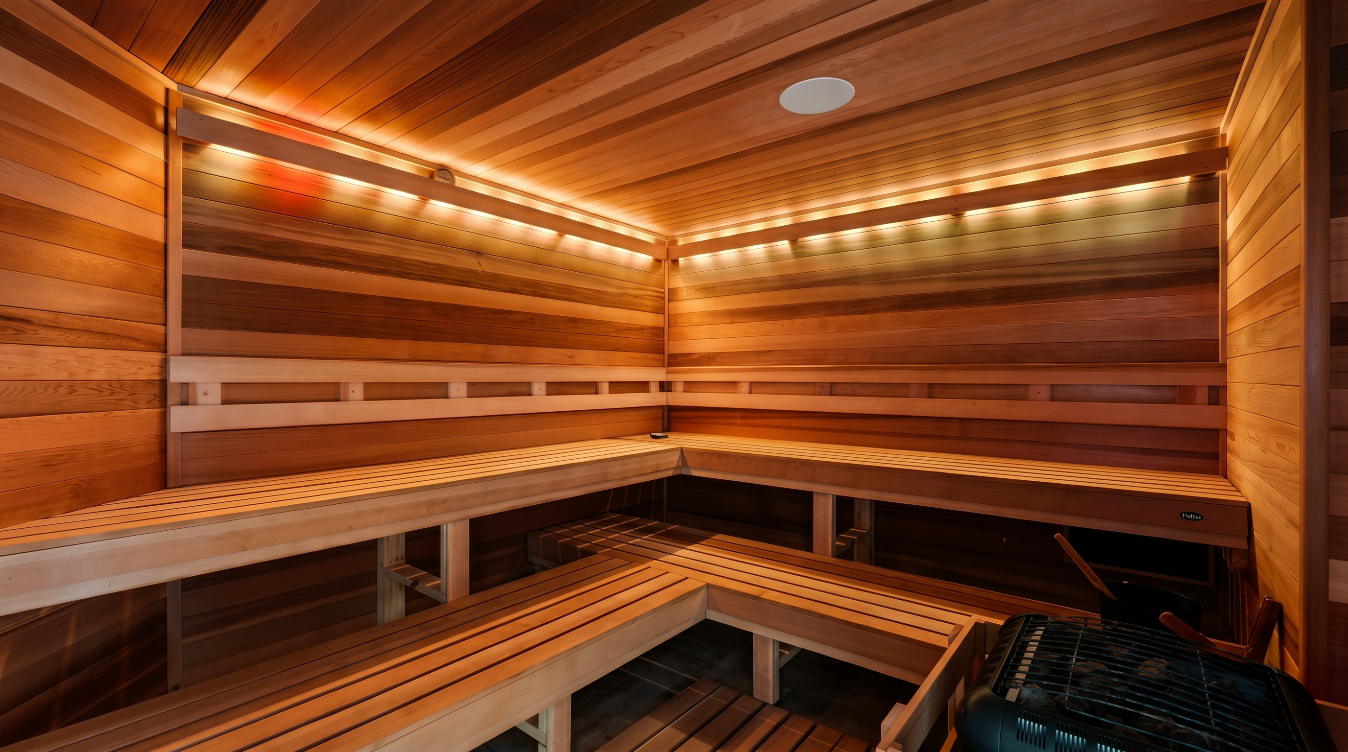 This image showcases a custom-built home sauna constructed with warm-toned wood paneling throughout the walls and tiered bench seating. The space features integrated LED strip lighting under the benches and along the upper wall, creating a relaxing, ambient glow. A black sauna heater with a bucket and ladle is positioned in the foreground, completing the authentic spa-like atmosphere.