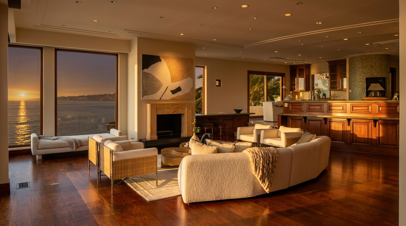 This expansive, open-concept living area features rich hardwood flooring and a large, curved sectional sofa arranged around a central coffee table. A fireplace with a decorative mantel serves as a focal point, complemented by a large piece of abstract art above it. The space is bathed in natural light from expansive windows that offer a panoramic view of the ocean, creating a seamless connection between the interior and the coastal landscape.