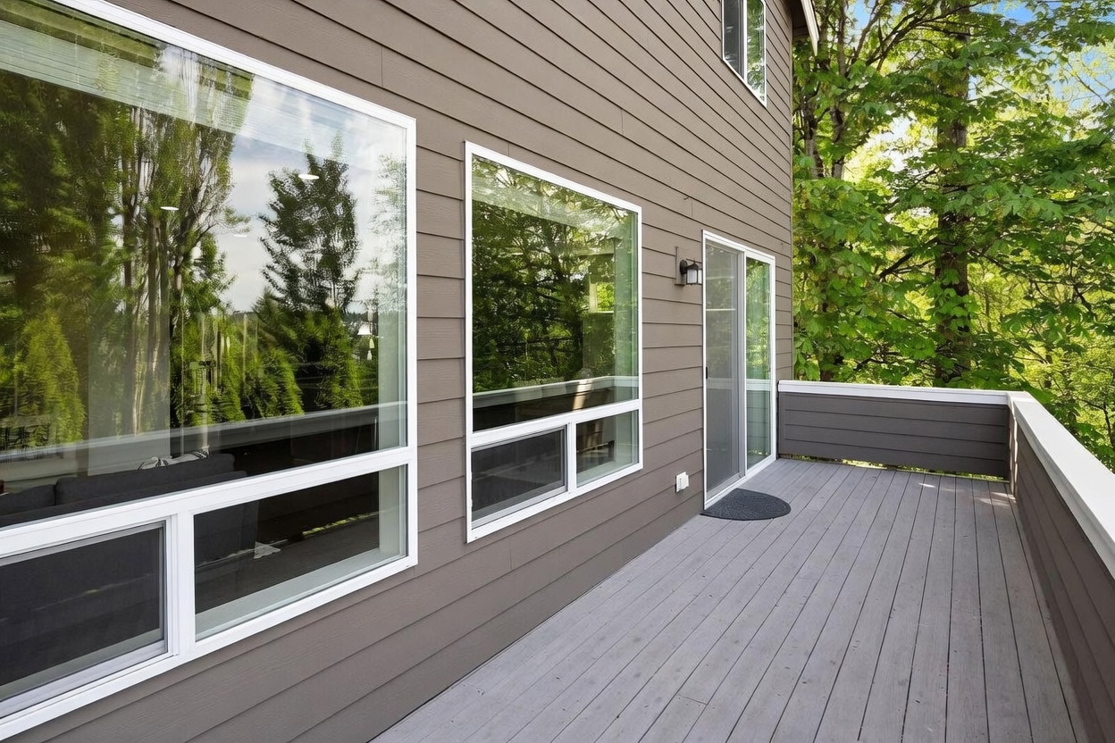 This image captures a spacious, elevated deck featuring light-toned composite decking and a modern railing system. The exterior wall of the home is clad in horizontal brown siding and features large windows that reflect the surrounding lush green trees. A sliding glass door provides access to the deck, which offers a serene, private outdoor living space nestled among the foliage.