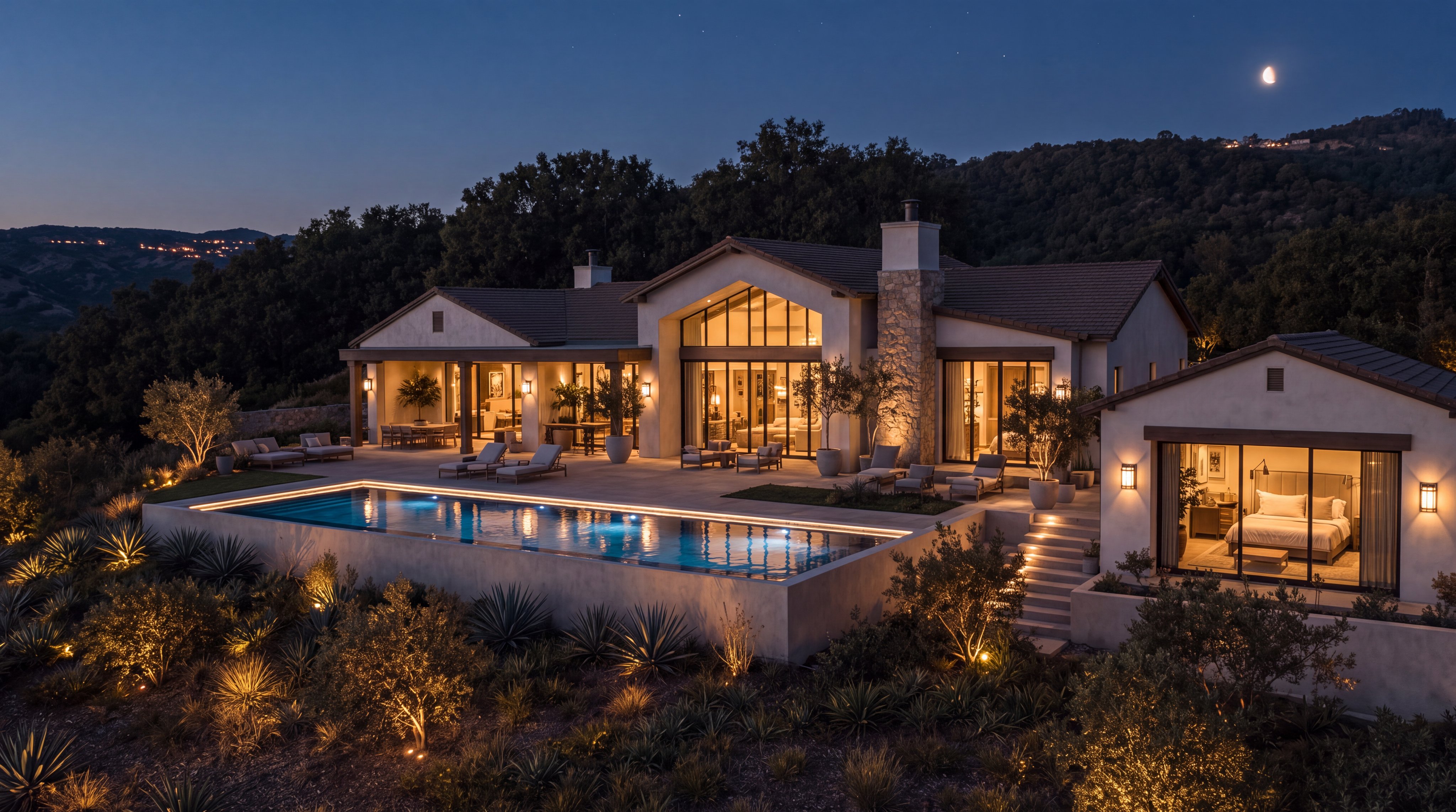 This stunning contemporary residence captures a sophisticated indoor-outdoor lifestyle, featuring a sleek, illuminated infinity-edge pool that seamlessly blends into the surrounding landscape. The architectural design showcases expansive glass walls, a warm stone fireplace, and multiple thoughtfully curated outdoor living spaces, perfect for entertaining under the moonlight. The professionally landscaped grounds, with soft accent lighting, complement the home's elegant, modern aesthetic.