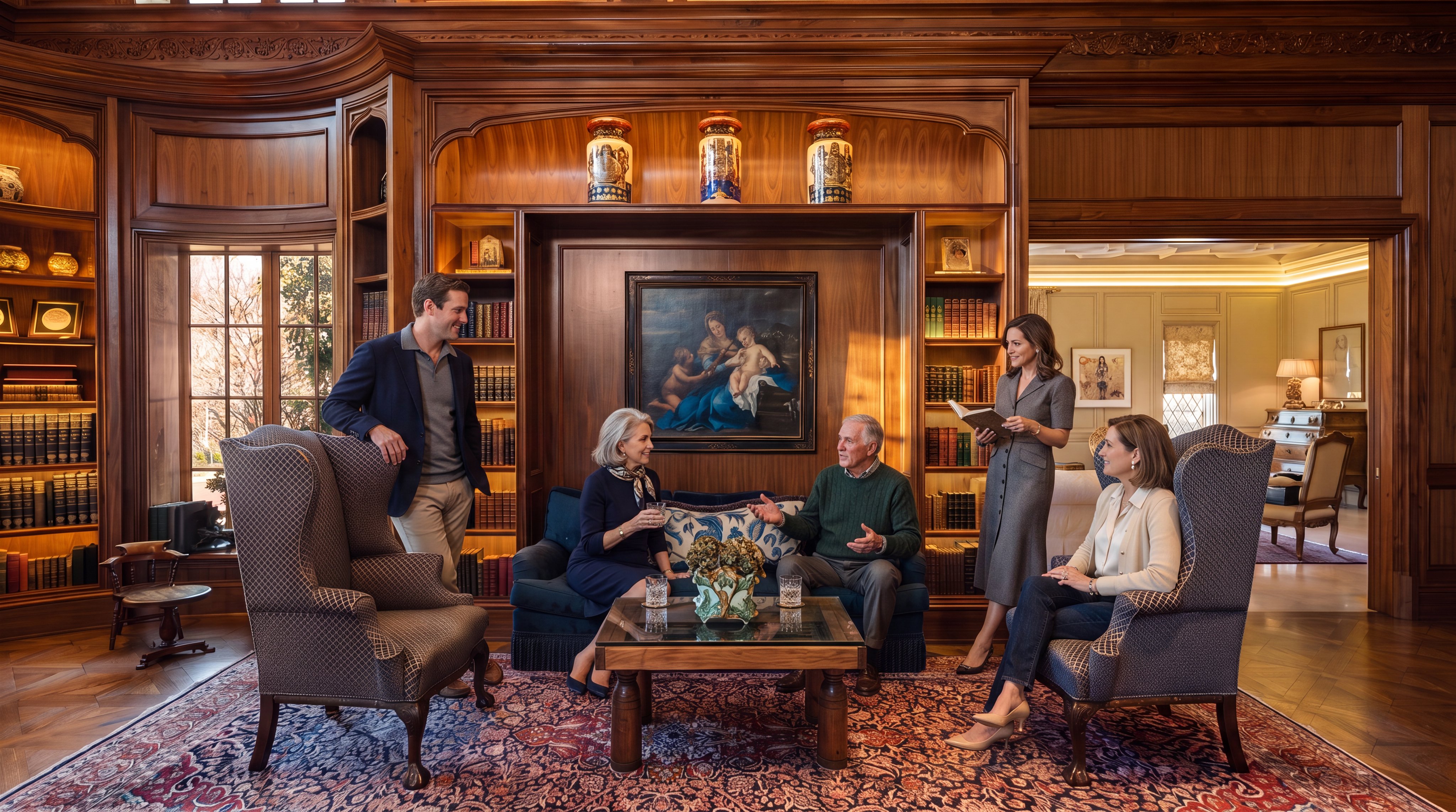 This sophisticated library or study features extensive wood-paneled walls with built-in shelving flanking a central blue sofa. A classic oil painting hangs above the sofa, while three decorative ceramic jars sit on the shelf above, creating a traditional and scholarly atmosphere. The room is furnished with two patterned wingback chairs and a central glass-topped coffee table, all set upon a detailed, ornate area rug.