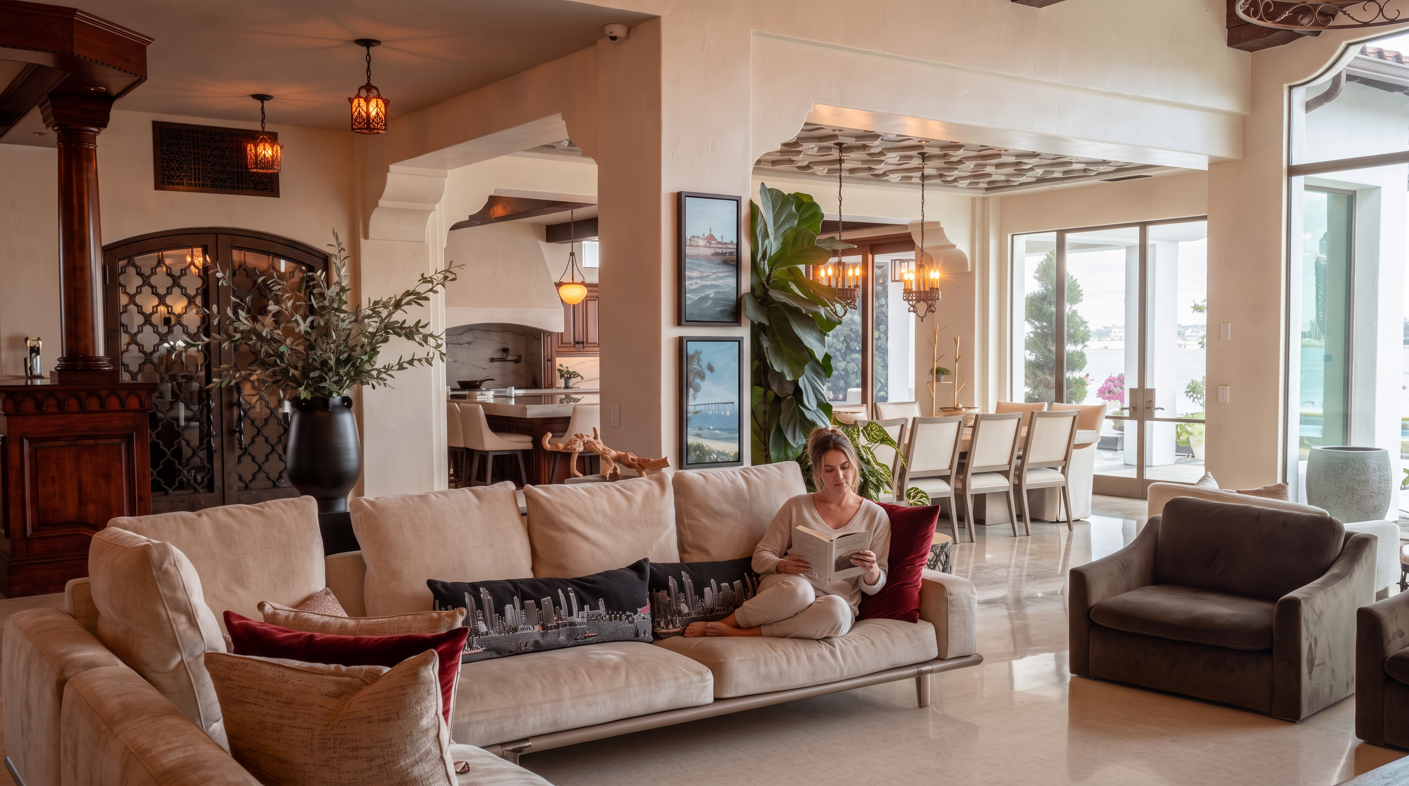 This elegant living room features a neutral color palette with plush, light-toned sofas accented by dark, city-themed throw pillows and a bold red cushion. The space flows seamlessly into a dining area with large windows that provide a view of the outdoors, while decorative ceiling details and warm pendant lighting add a sophisticated touch. The perspective is from the living area looking toward the dining space, highlighting an open-concept layout with high-end finishes.