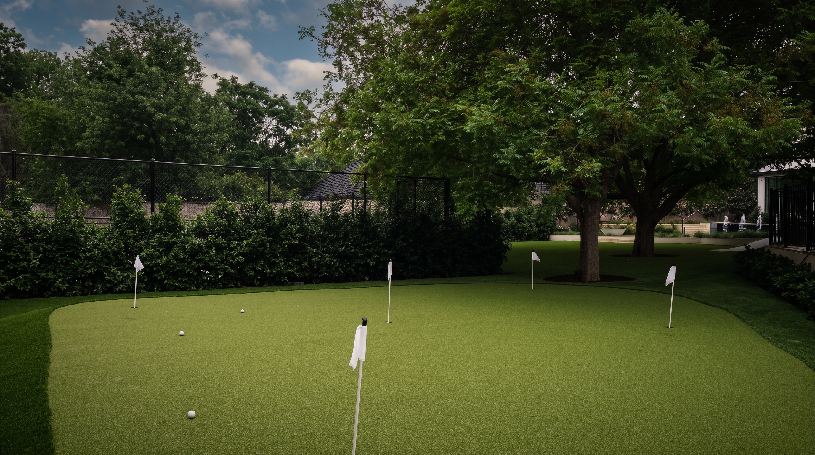 This backyard features a professionally manicured putting green with multiple holes and flags, set against a backdrop of lush green trees and a privacy fence. The space is designed for recreation and leisure, offering a clean, well-maintained lawn area that seamlessly integrates with the surrounding landscape. The perspective is at eye level, capturing the inviting and peaceful atmosphere of this private outdoor amenity.