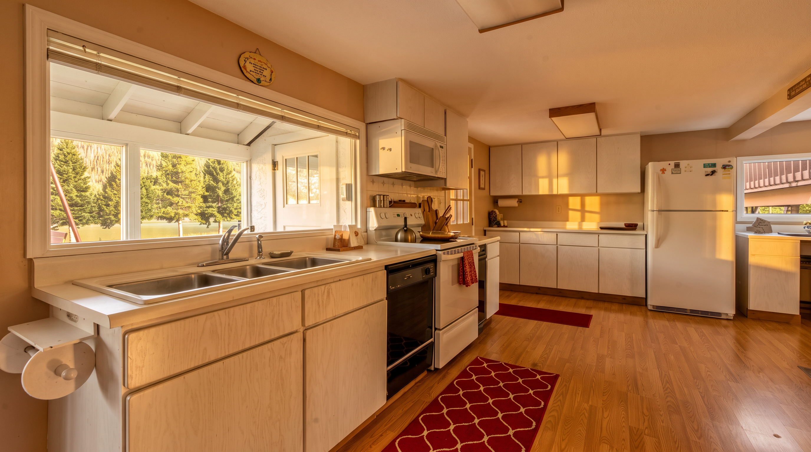 This kitchen features white cabinetry, light wood-toned flooring, and a large window above the sink that provides a scenic view of the outdoors. The space is equipped with a white stove, a black dishwasher, and a white refrigerator, complemented by red patterned rugs that add a pop of color. The perspective is from the kitchen entrance, showcasing the functional layout and the bright, airy atmosphere created by the natural light.