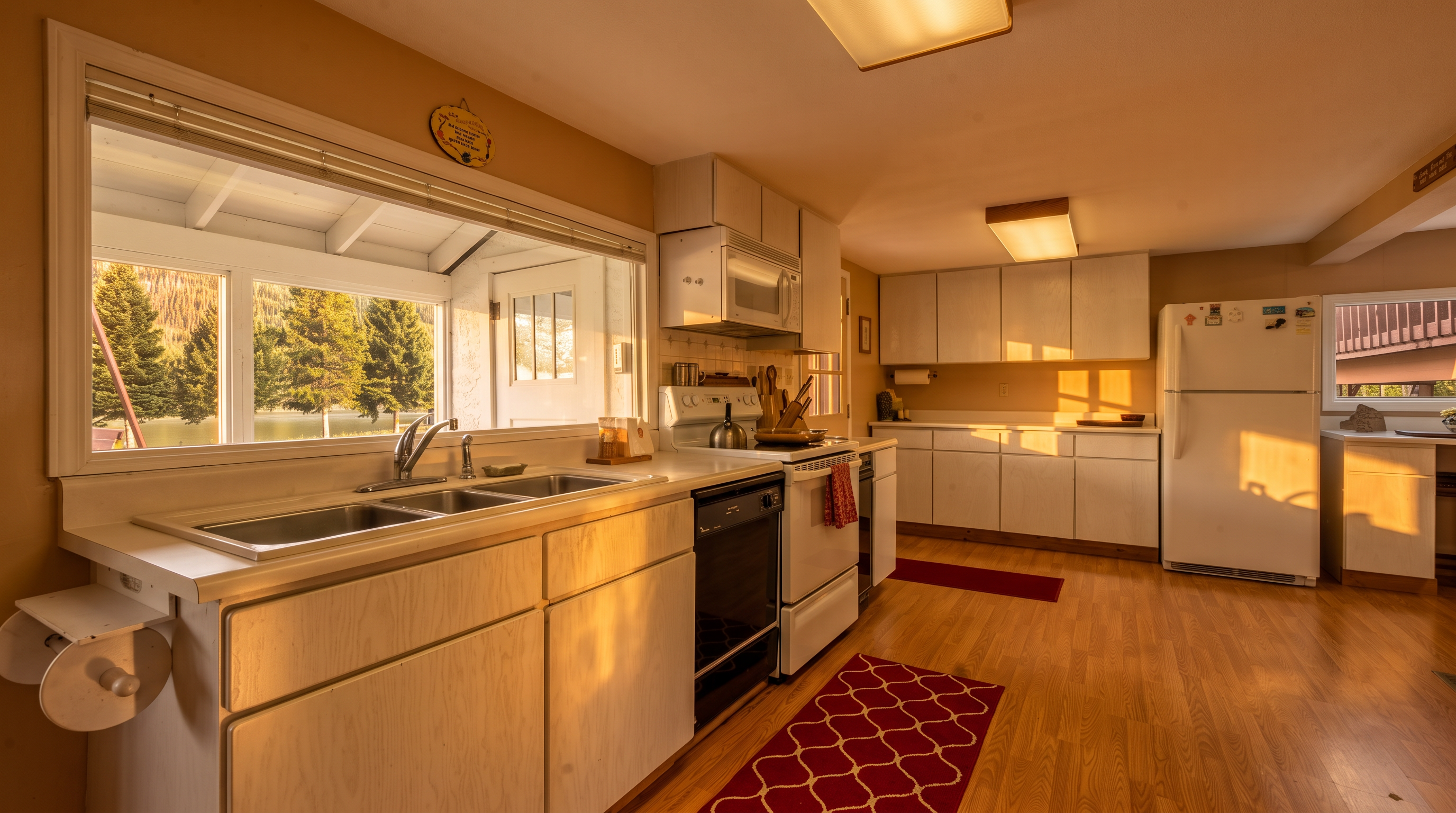 This kitchen features a practical layout with light wood cabinetry and functional white appliances bathed in warm, natural sunset lighting. A large window above the dual-basin sink offers a picturesque view of the outdoors, while the open space and classic wood flooring create a comfortable, inviting atmosphere. The design is straightforward and efficient, making it a functional space with a touch of character.