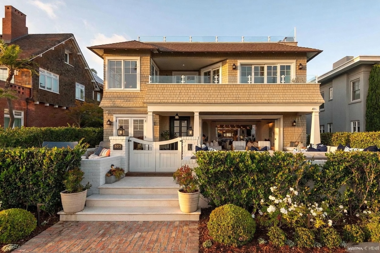 This charming two-story coastal home features a shingled exterior with a welcoming front patio and a second-story balcony enclosed by glass railings. The property is framed by lush, manicured hedges and a brick walkway leading to a white gate and stone steps. The open-concept ground floor reveals a bright, inviting living space, creating a seamless transition between the indoor and outdoor areas.