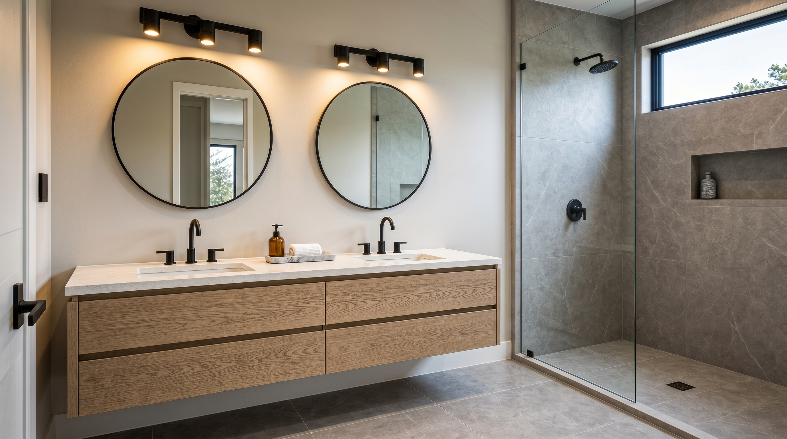 This image shows a bathroom undergoing renovation with unfinished drywall and plumbing fixtures exposed. The space features prepped walls with seam tape, plumbing rough-ins for double vanities, and a walk-in shower area with a gray, water-resistant backer board. It represents a blank canvas for customization and finish work in a new or remodeled home.