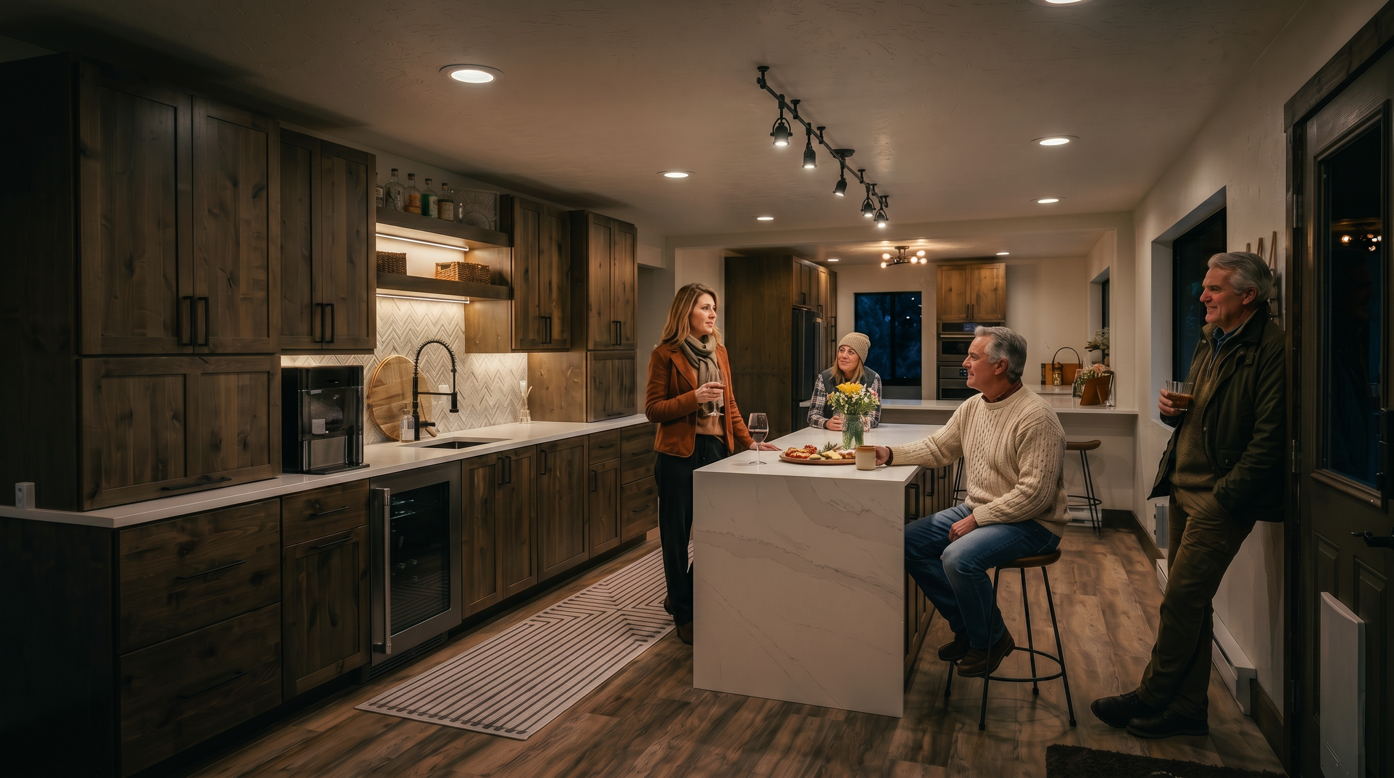 This spacious, modern kitchen features warm-toned wood cabinetry paired with light-colored stone countertops and a herringbone-patterned backsplash. A central island provides additional workspace and seating, while a dedicated beverage cooler is integrated into the lower cabinetry. The open-concept layout flows seamlessly into a secondary kitchen area, creating a bright and functional space with a contemporary aesthetic.