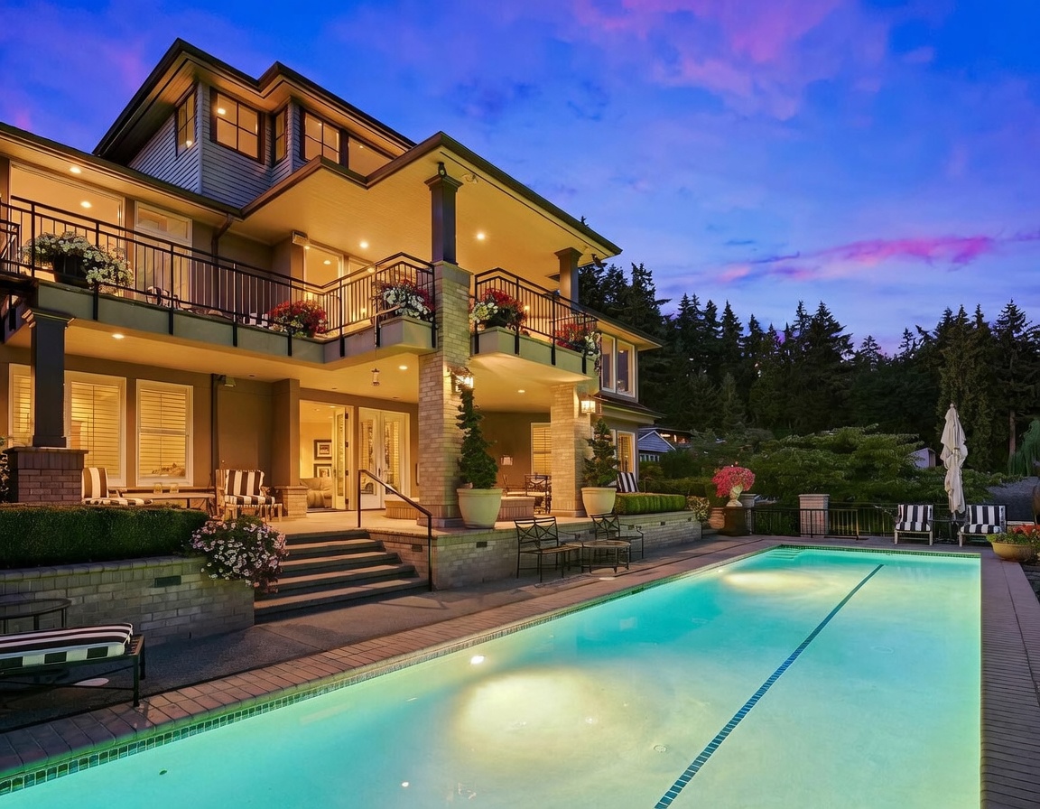 This stunning rear view of a multi-story luxury residence captures a serene twilight atmosphere, highlighting a large, illuminated swimming pool in the foreground. The home features expansive balconies with black railings, warm exterior lighting, and a stone-accented patio area with comfortable outdoor seating. The composition emphasizes the seamless transition between the indoor living spaces and the beautifully landscaped backyard, creating an inviting and sophisticated outdoor retreat.