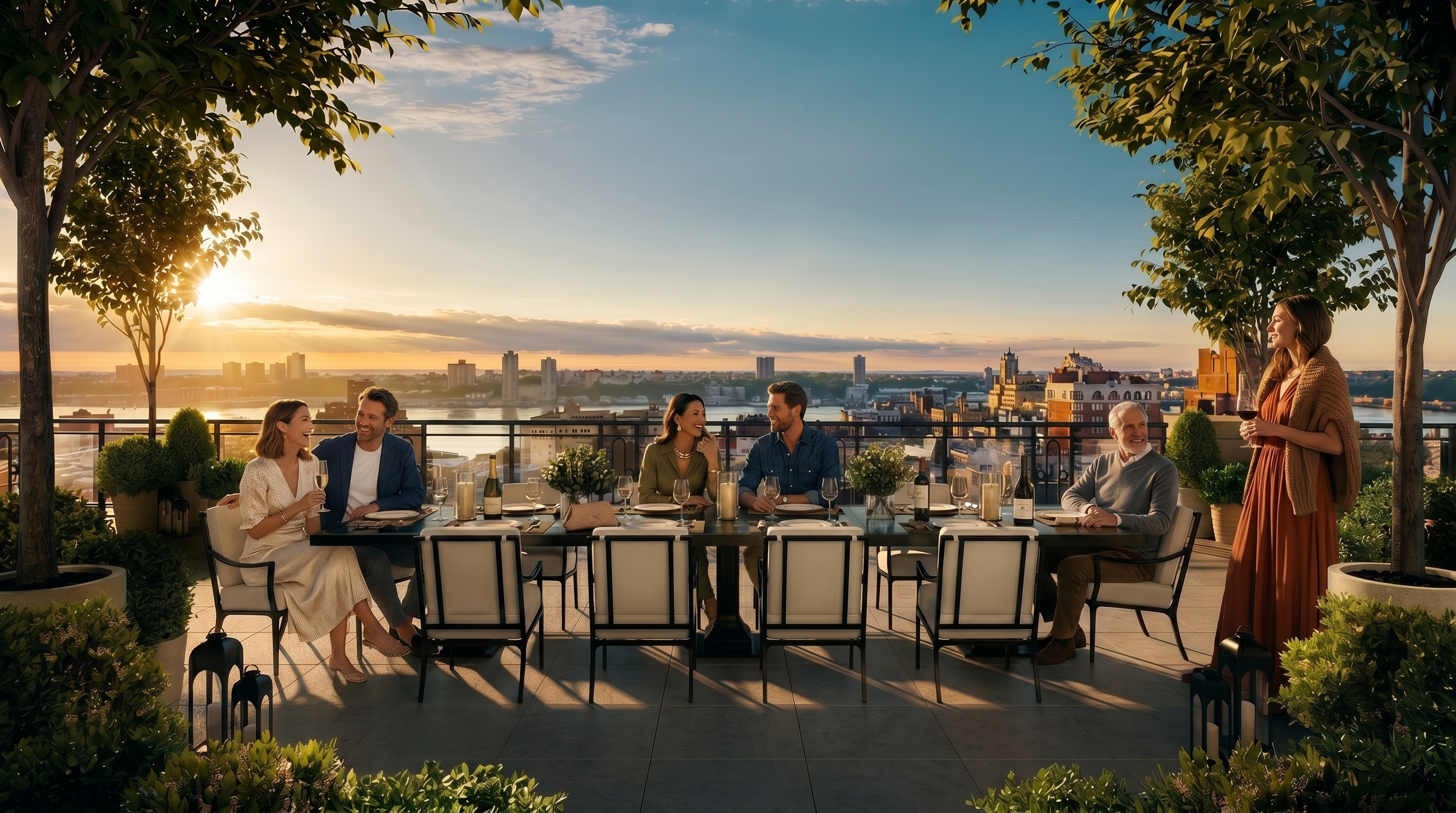 This expansive rooftop terrace features a long, formal dining table set for ten, positioned to overlook a panoramic city skyline and river view at sunset. The space is framed by lush potted trees and manicured greenery, creating a sophisticated outdoor dining environment. The perspective is centered and symmetrical, emphasizing the luxurious scale of the terrace and its dramatic urban backdrop.