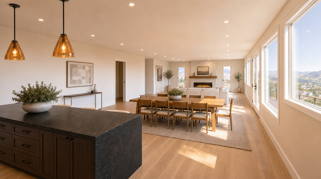 This spacious, open-concept floor plan seamlessly blends a modern kitchen with dining and living areas. Key highlights include an expansive kitchen island with a dark stone countertop, a custom wooden dining table for eight, and a warm, inviting living room anchored by a sophisticated fireplace. Natural light floods the area through large windows, creating a bright, airy atmosphere complemented by light hardwood flooring and clean interior lines.