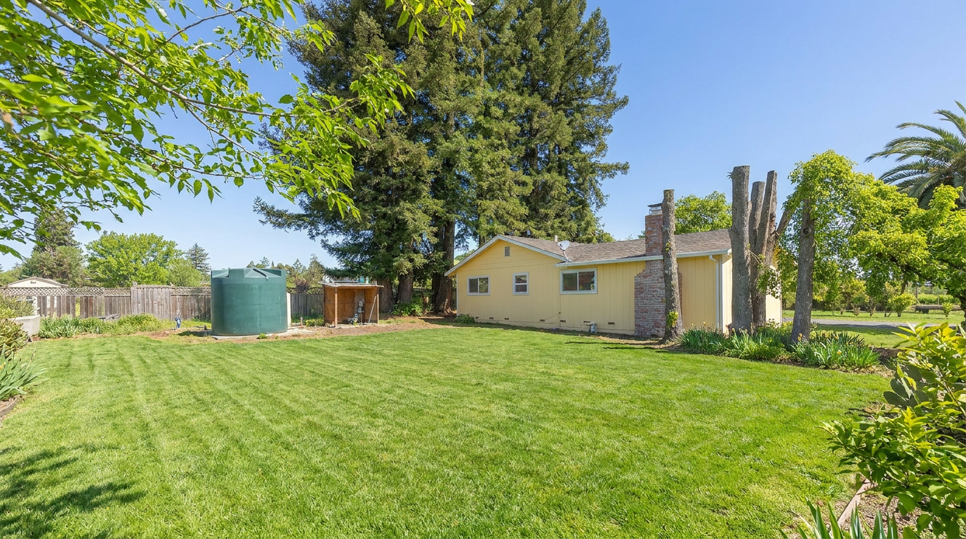 This rear view of a single-story yellow home showcases a spacious, sun-drenched backyard with dry, golden grass. The property features a prominent brick chimney, a large green water storage tank, and a small wooden shed, all set against a backdrop of tall, mature redwood trees. The perspective is wide and low, capturing the expansive outdoor space and the home's rustic, rural character under a clear blue sky.