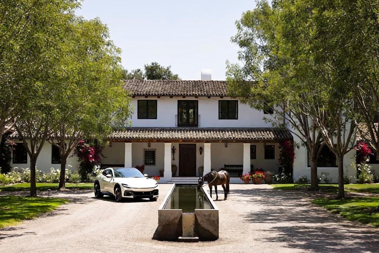 This elegant Mediterranean-style estate features a symmetrical white stucco facade with a classic terracotta tile roof and a covered front porch supported by sturdy columns. A long, gravel driveway leads to a central stone water feature, where a white luxury SUV is parked alongside a horse. The scene is framed by mature, lush green trees, creating a serene and sophisticated atmosphere.