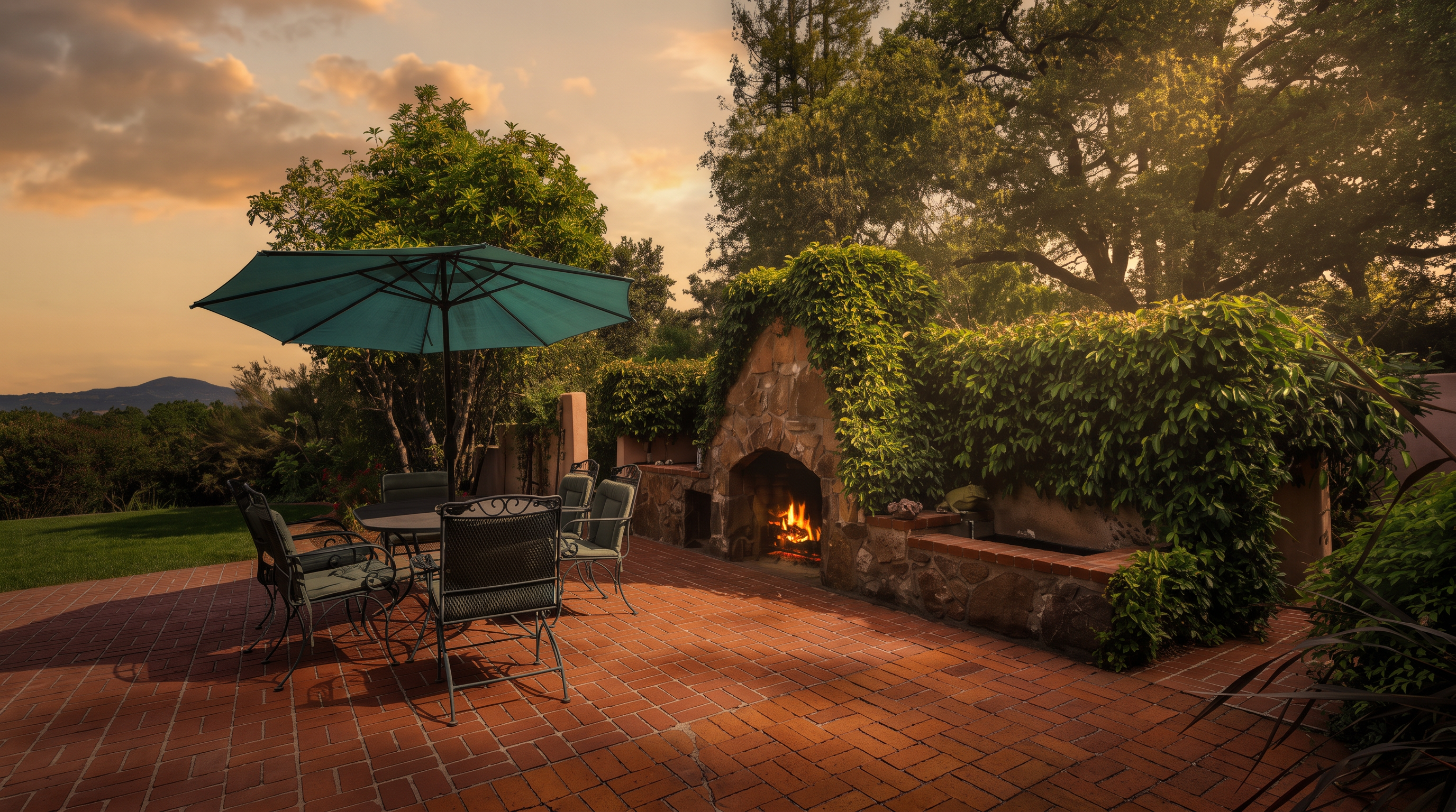 This inviting outdoor patio features a classic red brick floor and a stone-clad fireplace integrated into a lush, vine-covered wall. A teal umbrella shades a dining set, creating a comfortable space for al fresco meals while overlooking the surrounding greenery. The scene is captured from a ground-level perspective, emphasizing the tranquil and private atmosphere of the backyard retreat.