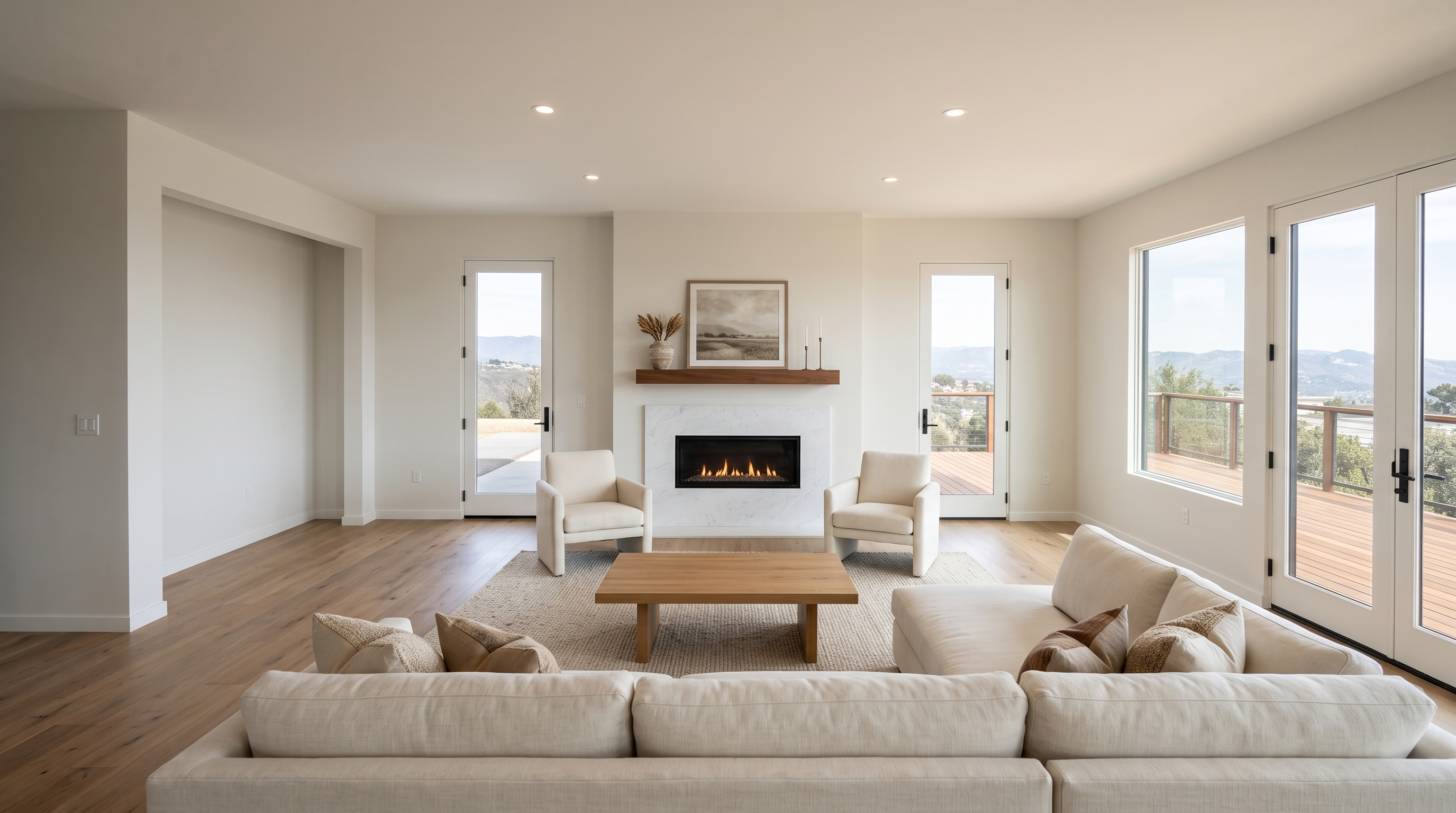 This spacious and light-filled living room features a modern fireplace encased in classic white marble with a warm wood mantel. The room includes a comfortable neutral-toned sectional sofa, two armchairs, and light wooden flooring, all opening up to expansive views of the outdoors through several glass doors. The minimalist decor and open-concept design create a serene and inviting atmosphere perfect for relaxation.