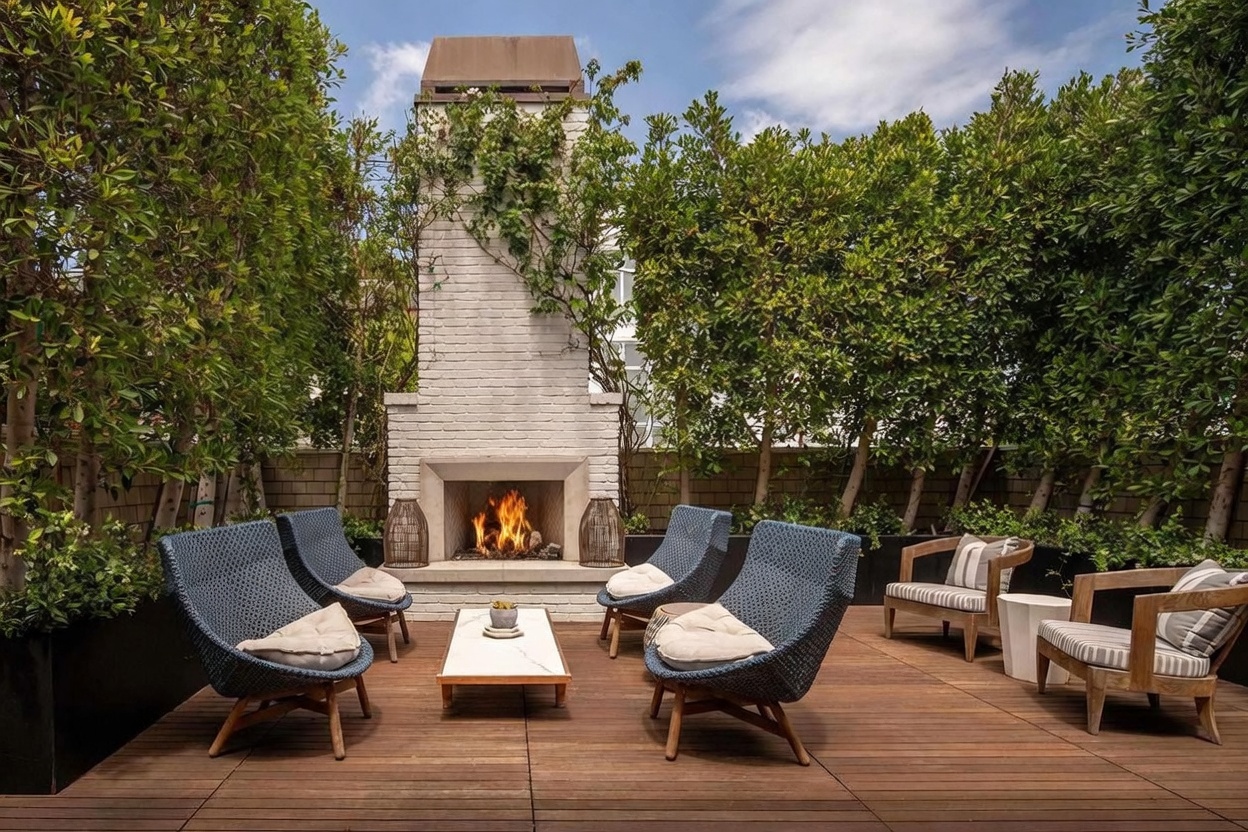 This inviting outdoor living space features a wooden deck centered around a tall, white-painted brick fireplace with a lit fire. The area is furnished with four blue woven armchairs arranged around a rectangular coffee table, complemented by two additional wooden chairs with striped cushions. Lush green hedges provide privacy, creating a serene and secluded atmosphere perfect for relaxation or entertaining.