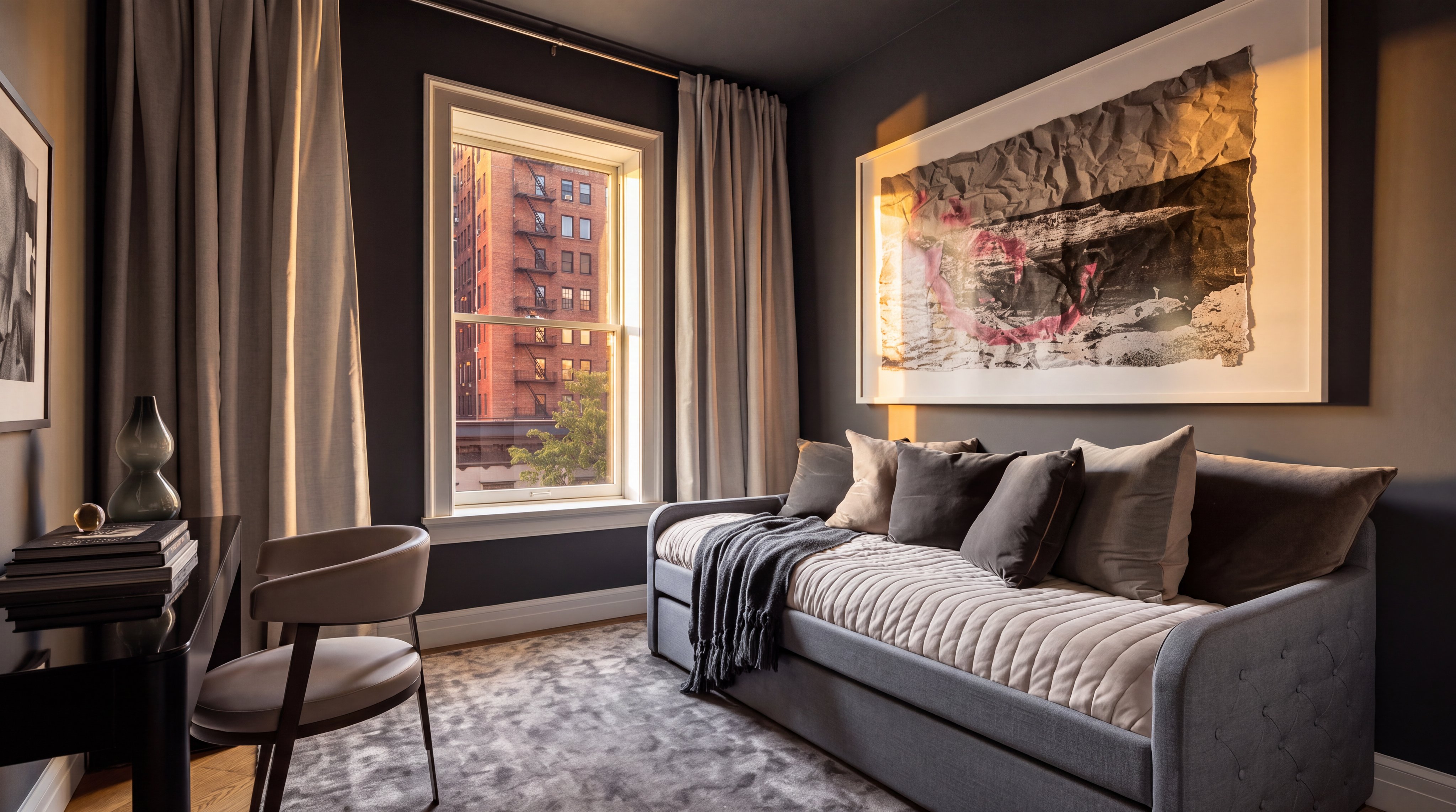 This sophisticated guest bedroom features dark charcoal walls that create a moody, intimate atmosphere, contrasted by light gray curtains and a plush, textured area rug. A daybed with a tufted frame and neutral bedding serves as the focal point, accented by a large, abstract piece of art mounted above. To the left, a sleek desk and chair setup provides a functional workspace, while a window allows natural light to brighten the space.