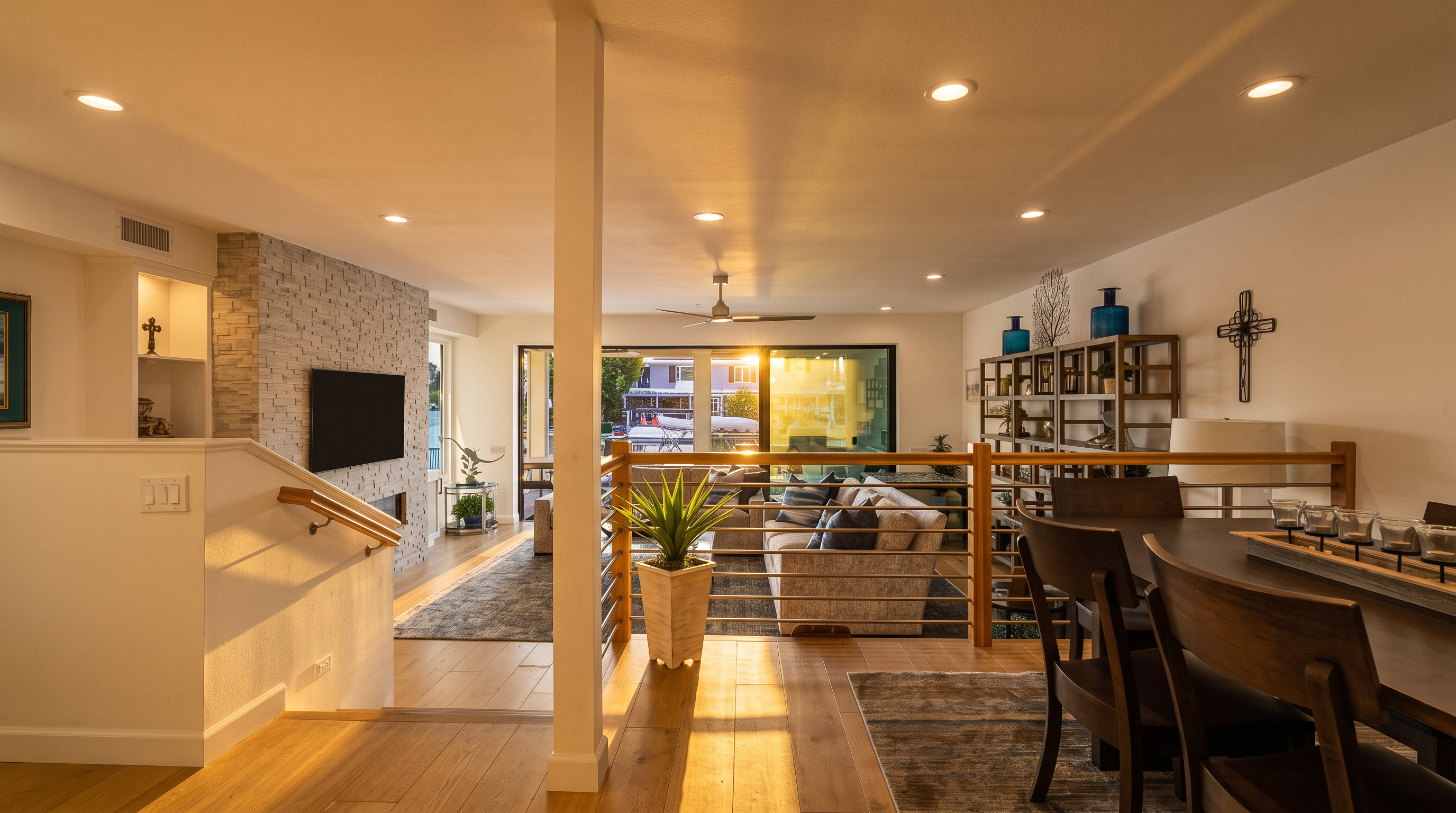 This spacious, open-concept living area seamlessly connects a dining space to a comfortable living room overlooking the water. The home features modern light wood flooring, a striking textured stone fireplace, and floor-to-ceiling glass doors that invite abundant natural light and scenic views inside. The clean, contemporary aesthetic is enhanced by recessed lighting and a sophisticated, airy layout perfect for entertaining.