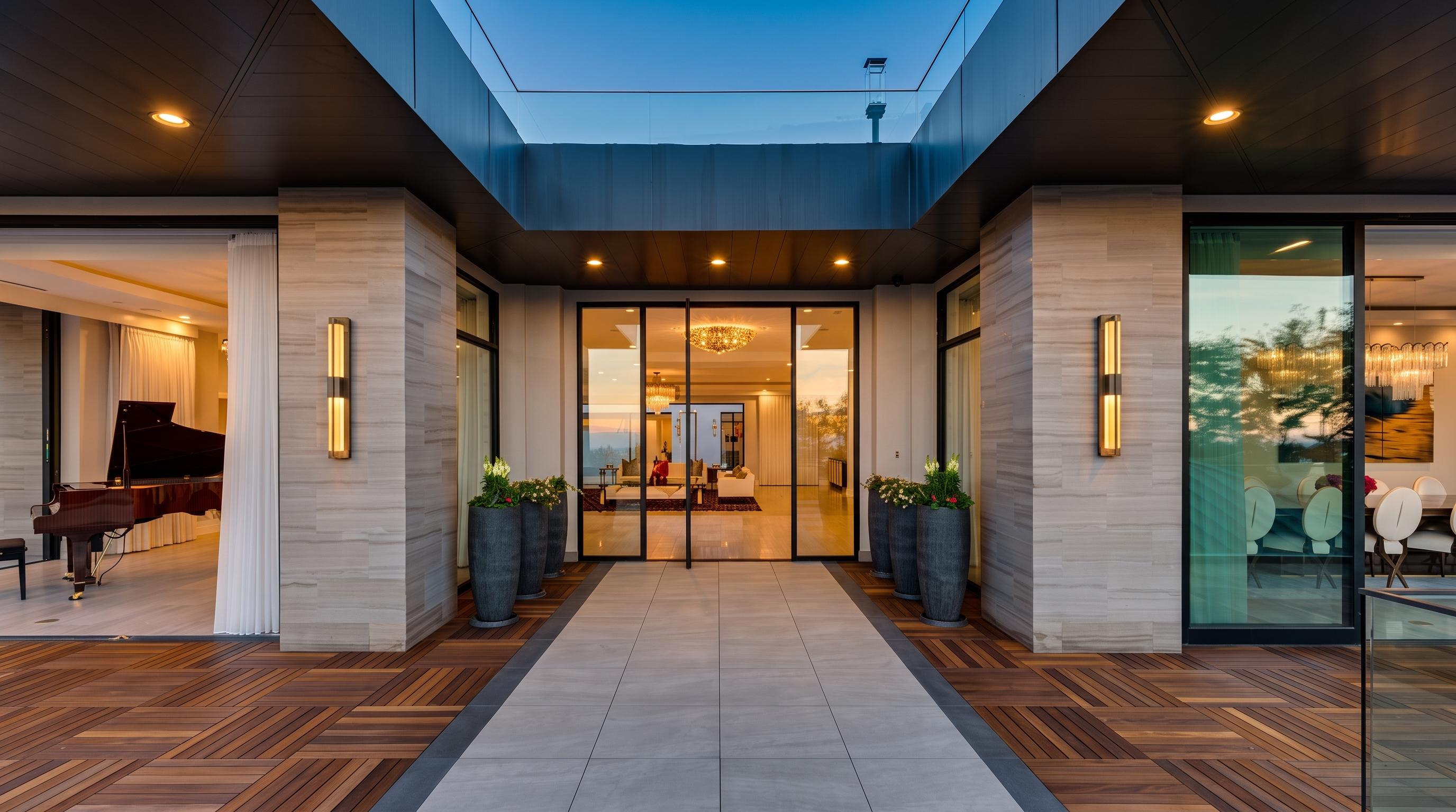 This sophisticated entryway features a central stone-tiled walkway flanked by rich, dark wood decking, leading to a grand glass-paneled front door. The structure is defined by clean, modern lines, stone-clad pillars, and recessed lighting that illuminates the covered transition space. Through the glass, a glimpse of a luxurious interior with a grand piano and open-concept living area creates an inviting and high-end atmosphere.