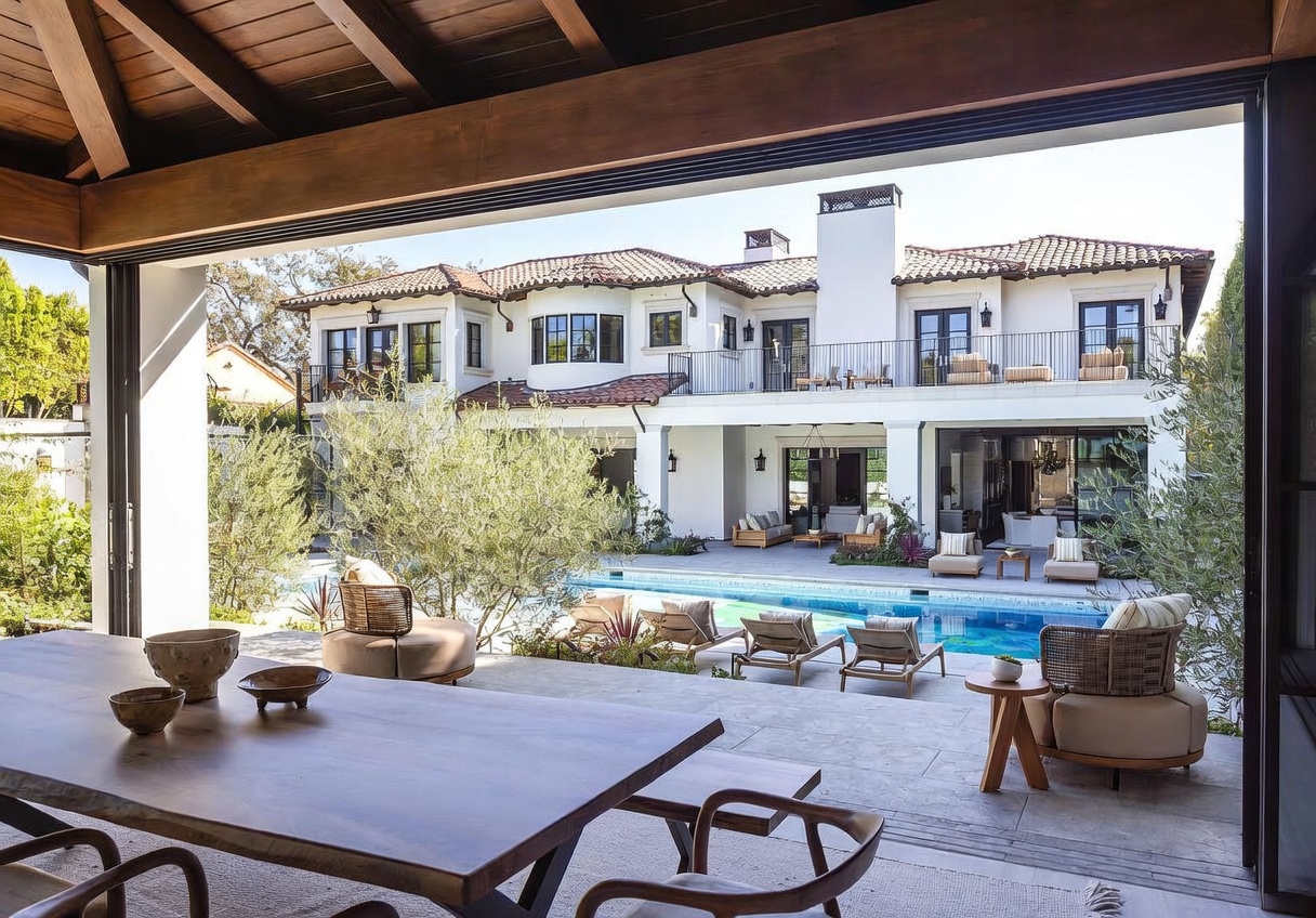 This image is captured from a covered outdoor dining area looking out toward a luxurious backyard featuring a swimming pool and a large, multi-story residence. The foreground showcases a wooden dining table and chairs, while the background highlights a white stucco home with a tiled roof, a second-story balcony, and multiple lounge chairs arranged around the pool. The perspective emphasizes the seamless transition between indoor and outdoor living spaces, creating an inviting and upscale atmosphere.