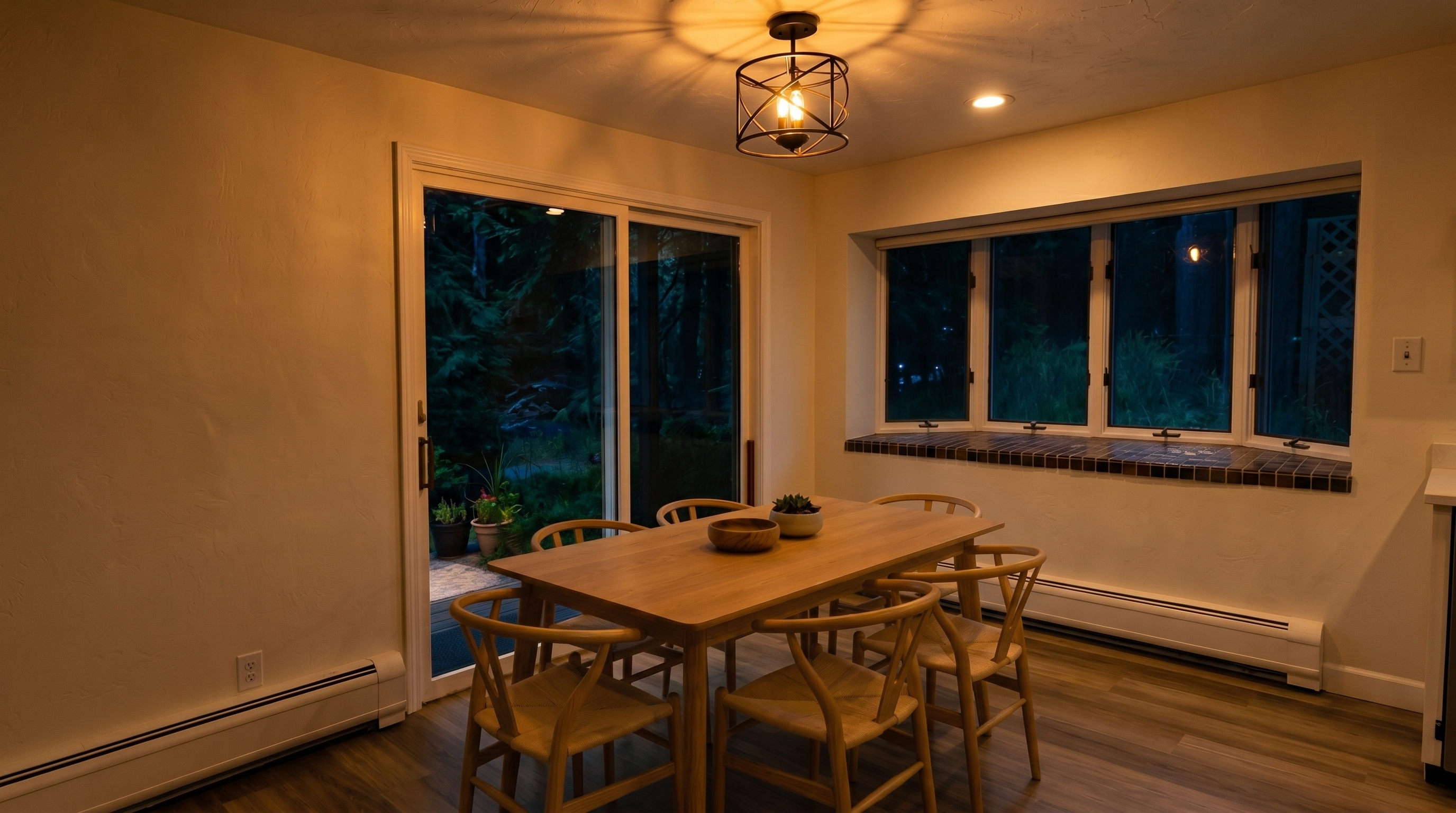 This bright and inviting dining area features a light-wood table with matching woven-seat chairs, creating a clean, modern, and natural aesthetic. The space is highlighted by a unique geometric chandelier and large windows that offer ample natural light and a pleasant outdoor view. Sleek flooring and neutral walls make this an appealing and versatile living space.