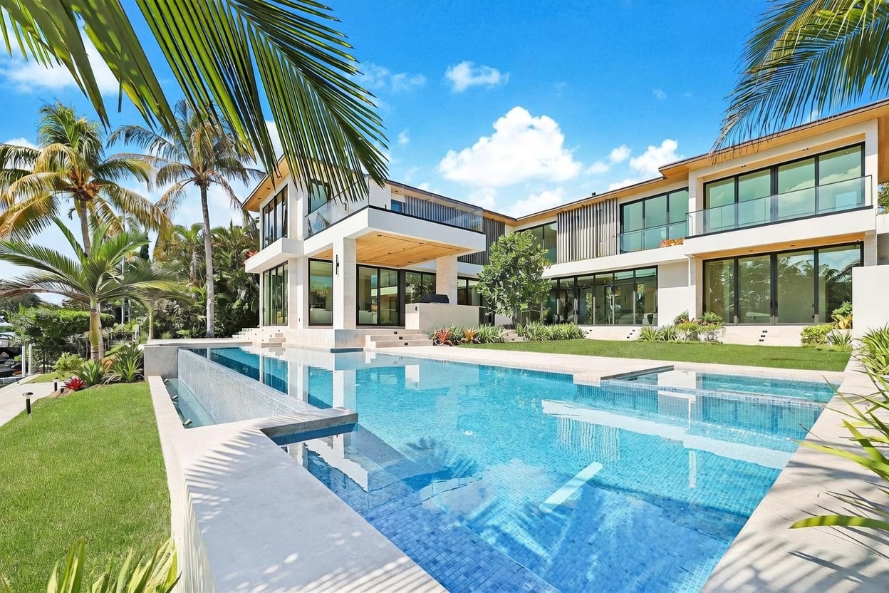 This modern luxury residence features a striking architectural design with clean lines, expansive glass walls, and a multi-level structure. A large, rectangular infinity-edge pool with blue mosaic tiles serves as the focal point of the backyard, set against a backdrop of lush tropical landscaping and palm trees. The bright, sunny atmosphere highlights the seamless transition between the indoor living spaces and the outdoor patio area.