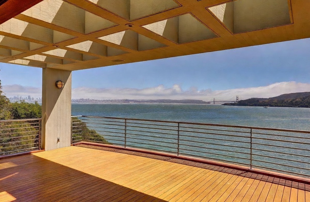 This expansive, covered wooden deck offers a panoramic, elevated view of the bay, including a clear sightline to the Golden Gate Bridge and the distant city skyline. The structure features a distinctive coffered ceiling design and a sleek metal railing that maintains an unobstructed view of the water. The perspective is wide and cinematic, emphasizing the seamless transition between the indoor-outdoor living space and the dramatic coastal landscape.